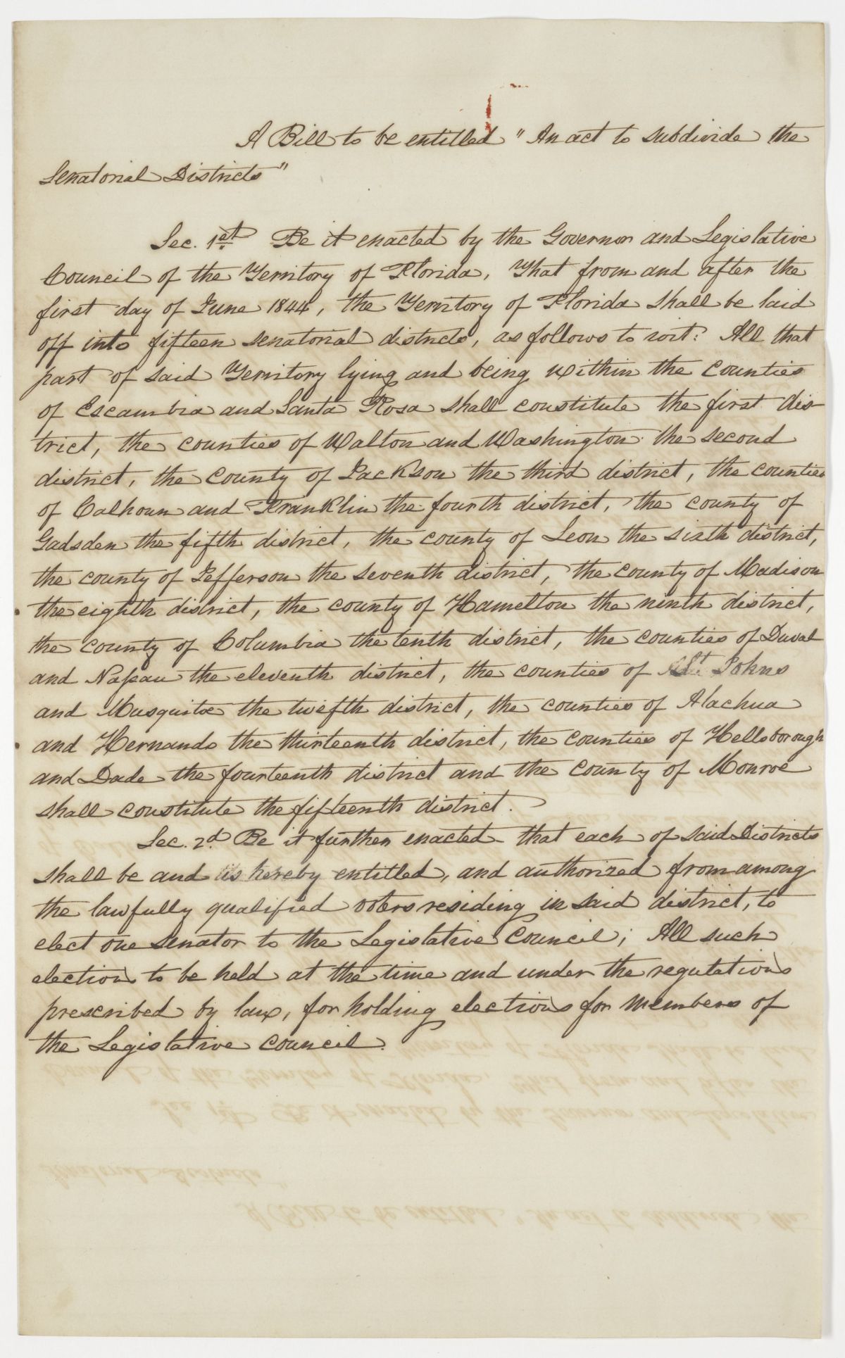 Draft of an Act to Subdivide the Senatorial Districts, 1843