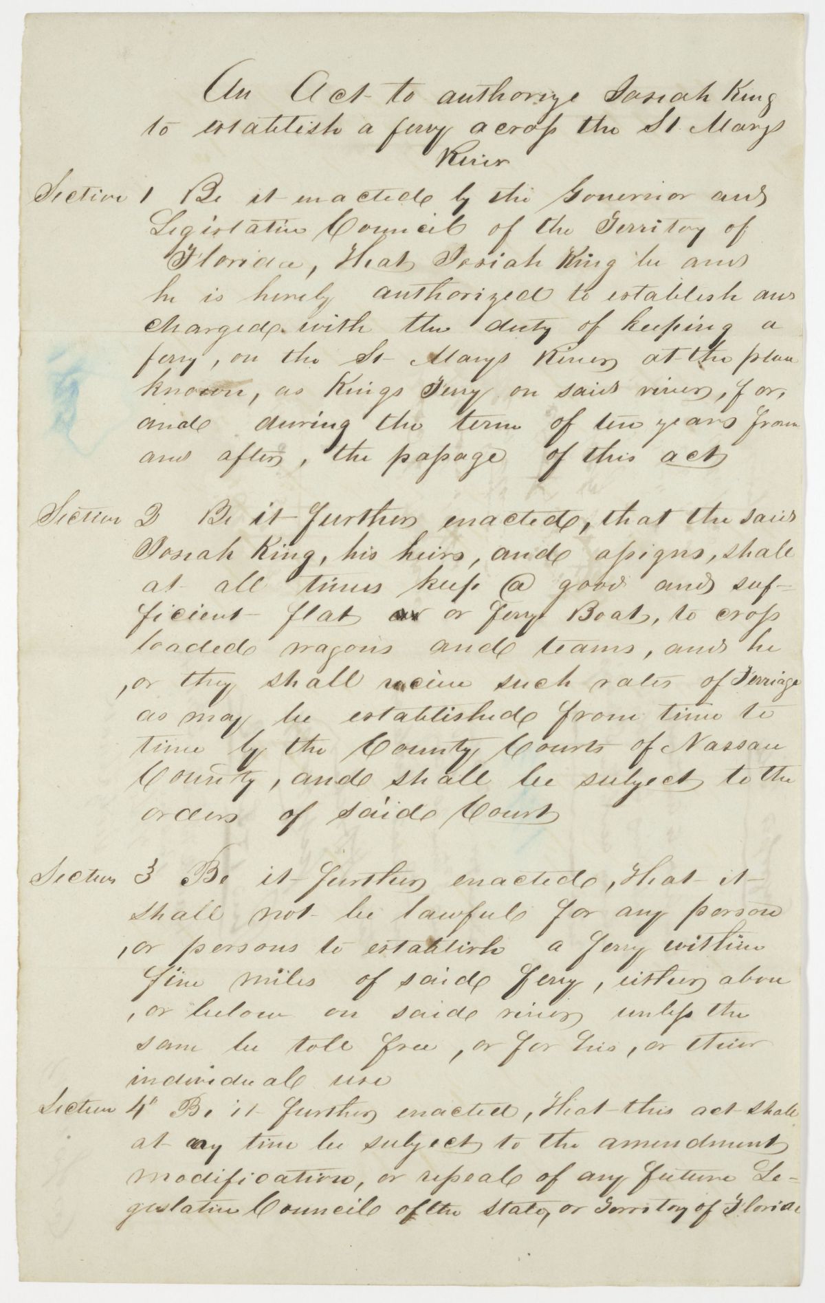 Draft of an Act to Authorize Josiah King to Establish a Ferry Across the Saint Marys River, 1843