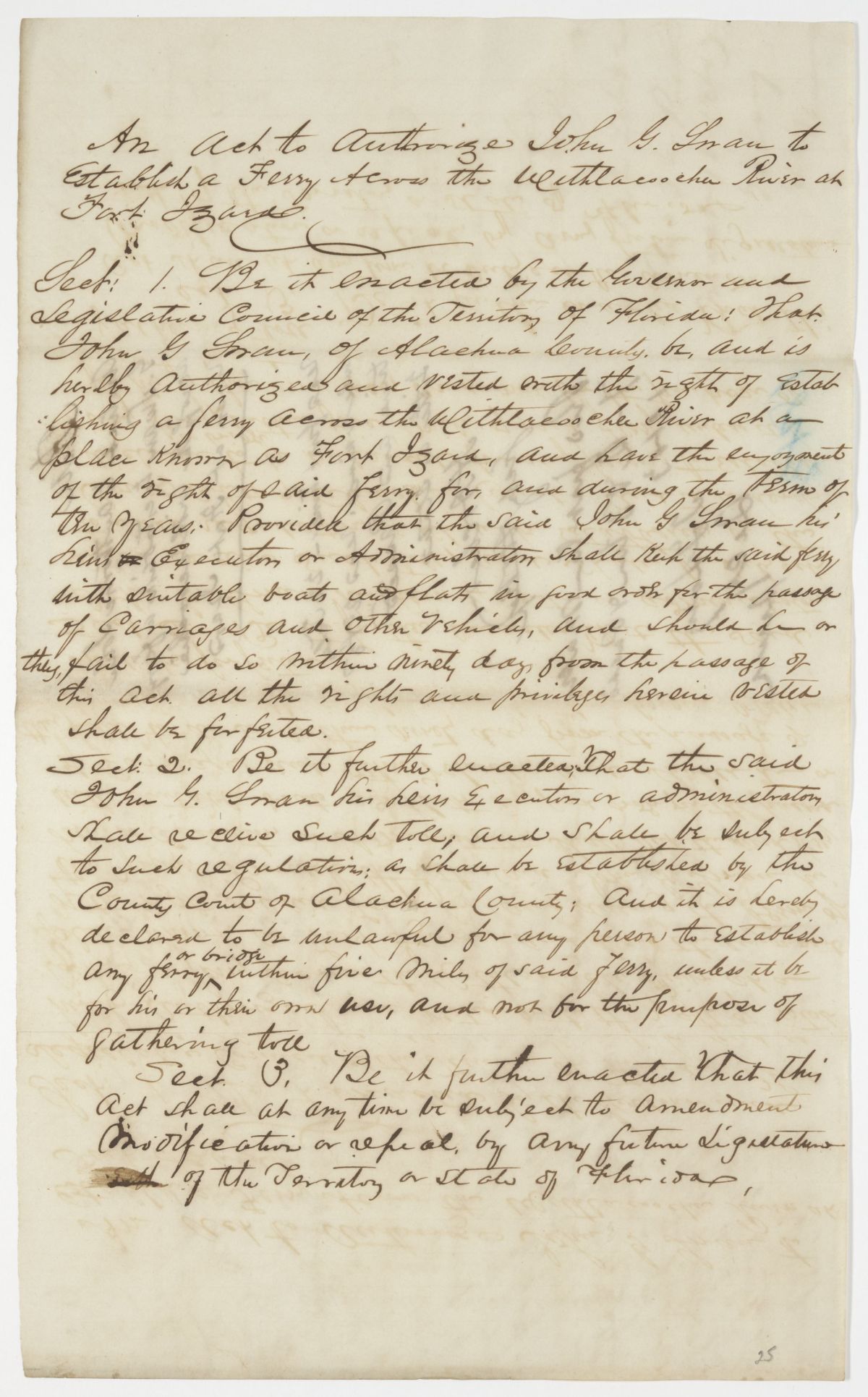 Draft of an Act to Authorize John G. Swan to Establish a Ferry Across the Withlacoochee River at Fort Izard, 1843