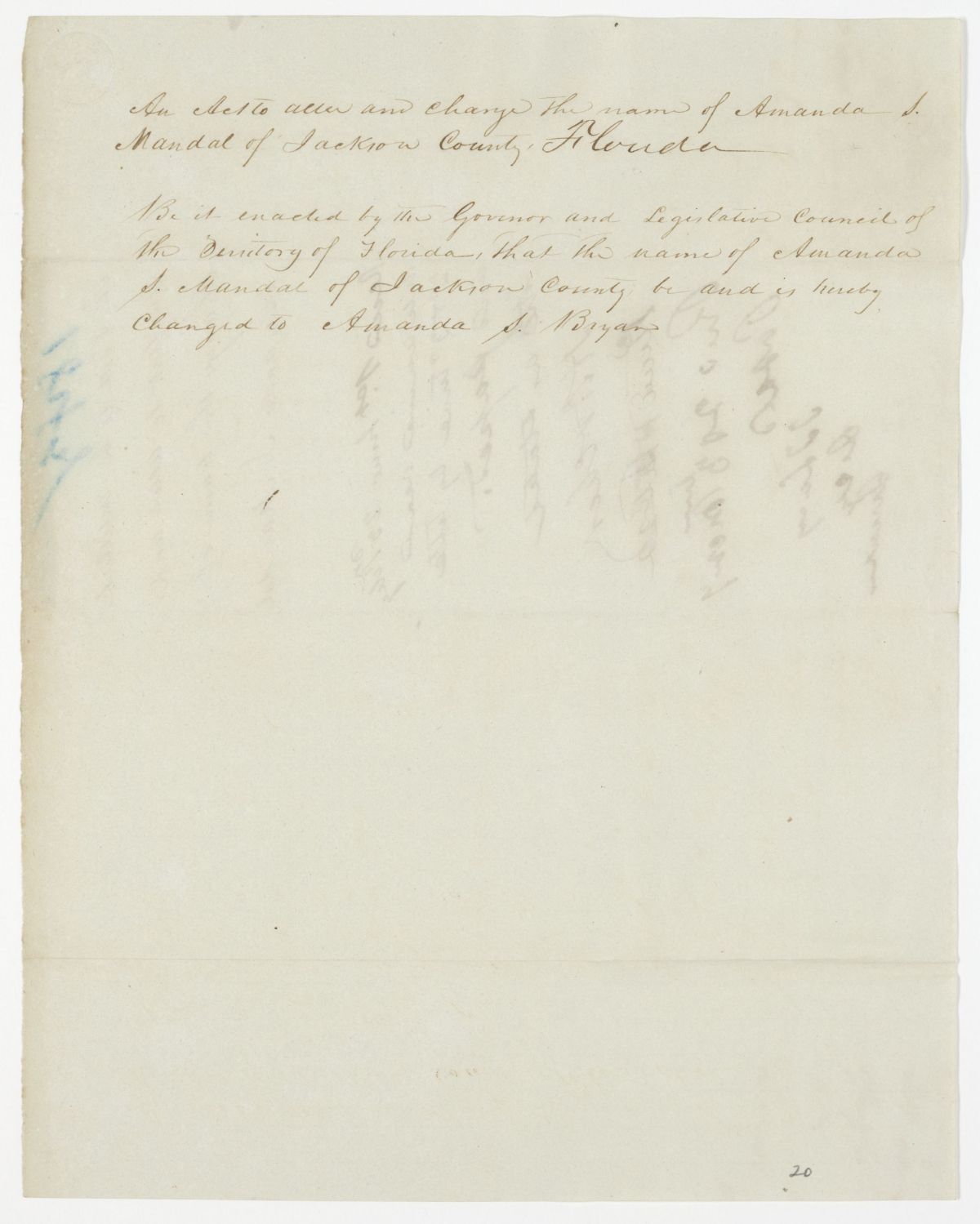 Draft of an Act to Alter and Change the Name of Amanda S. Mandal of Jackson County, 1843