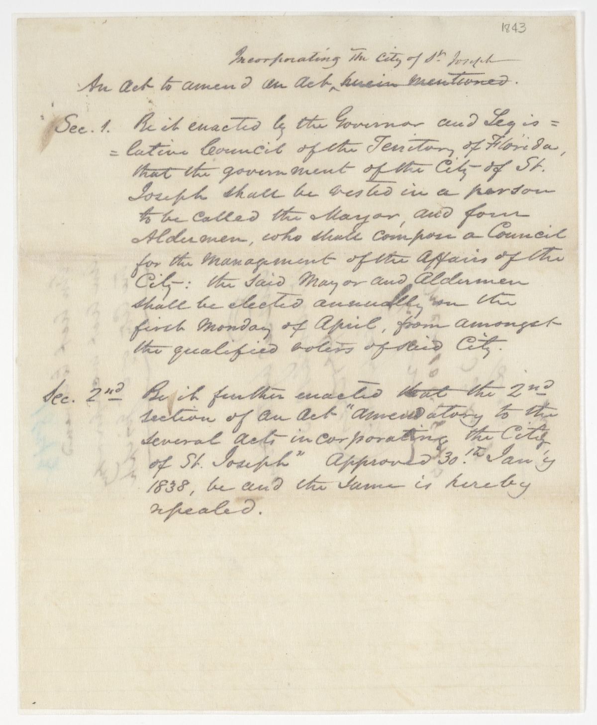 Draft of an Act to Amend an Act Incorporating the City of Saint Joseph, 1843