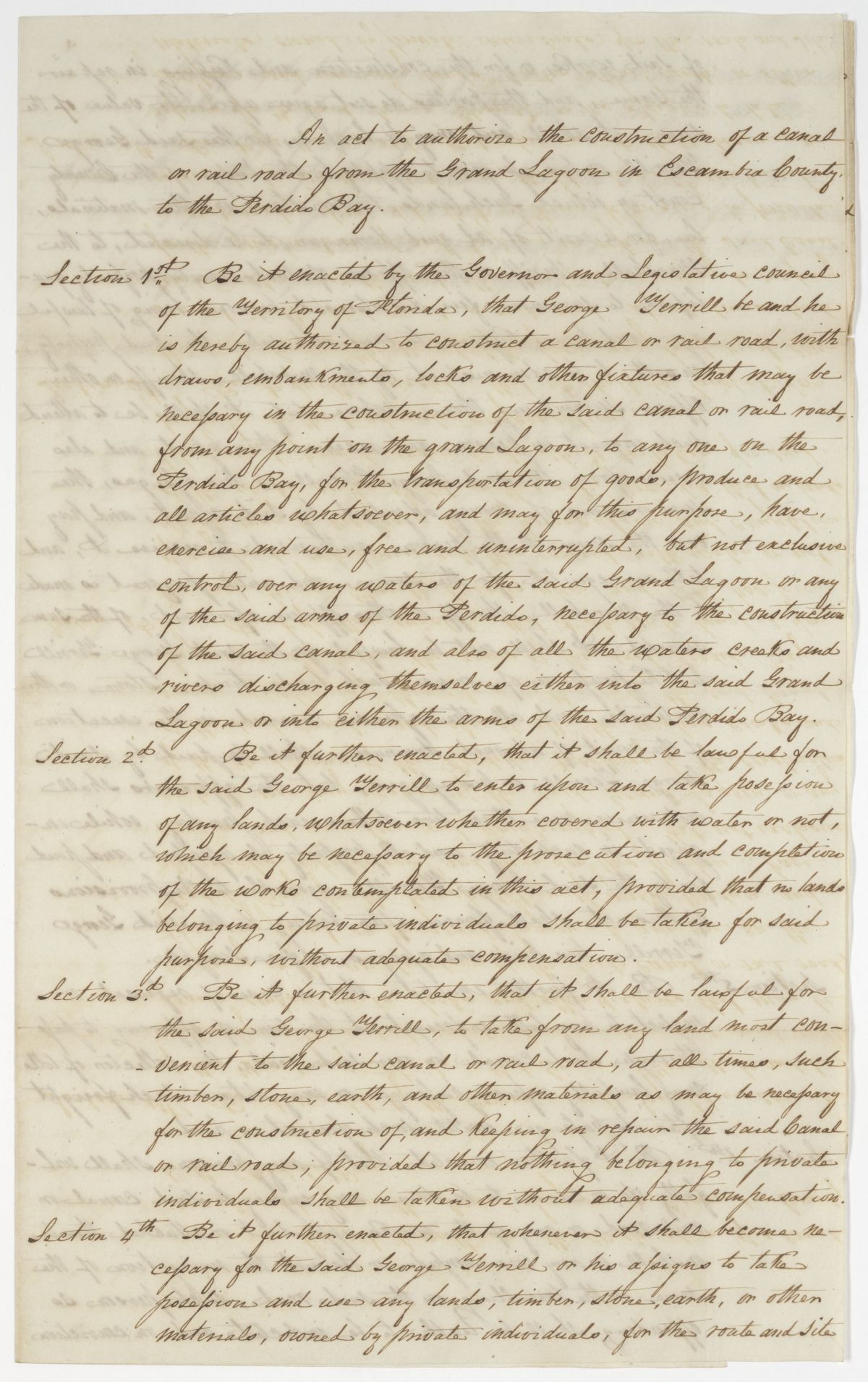 Draft of an Act to Authorize the Construction of a Canal or Railroad from the Grand Lagoon to the Perdido Bay, 1843