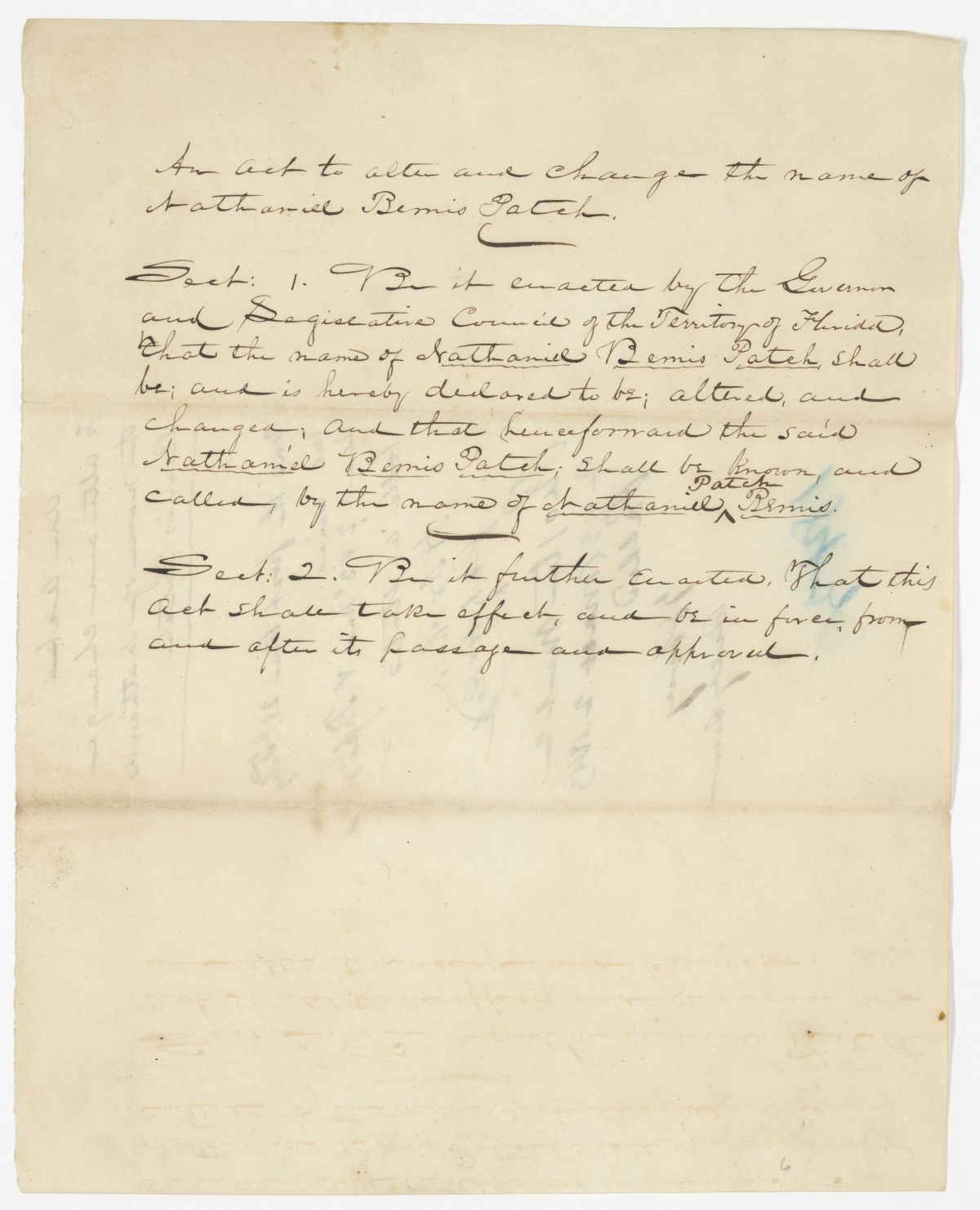 Draft of an Act to Change the Name of Nathaniel Bemis Patch, 1843