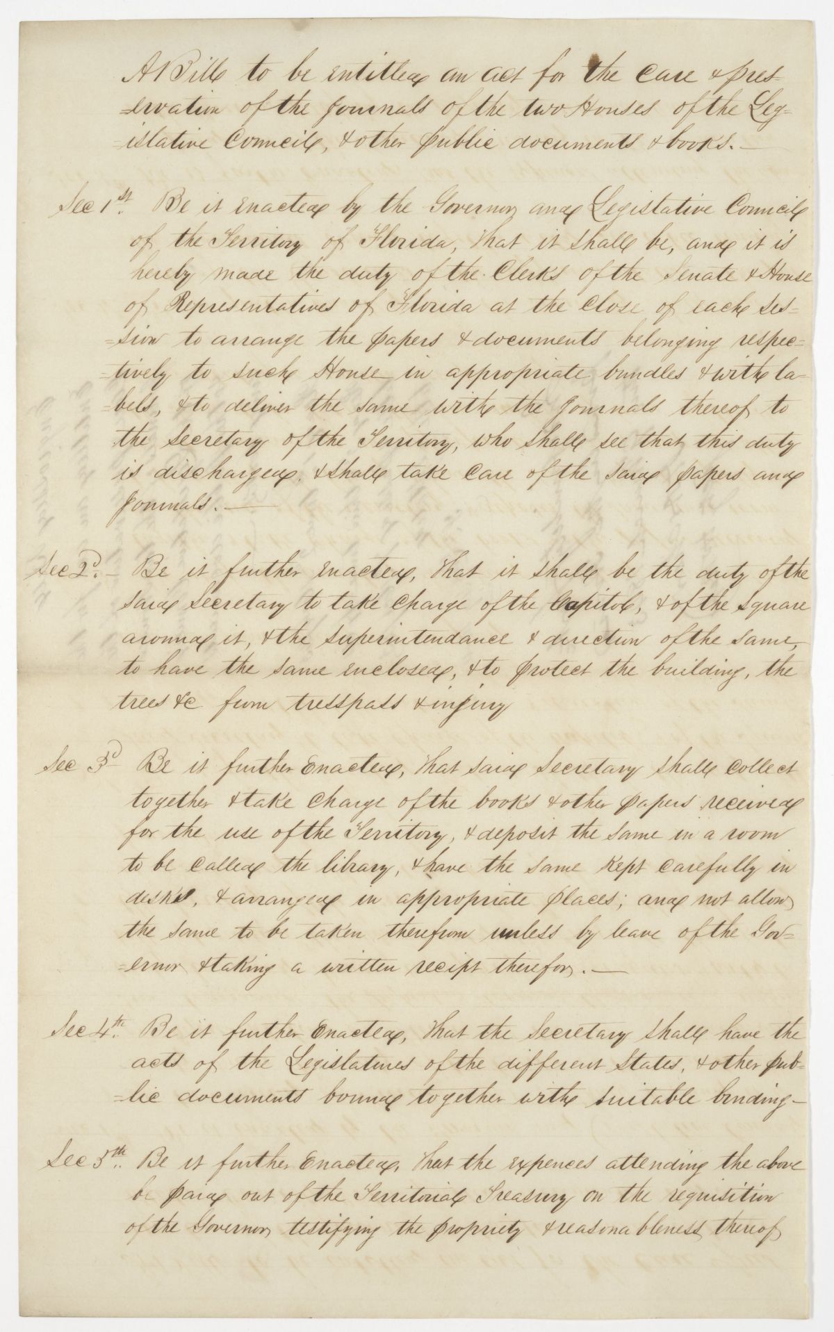 Draft of an Act for the Care and Preservation of the Journals of the Two Houses of the Territorial Legislative Council, 1843