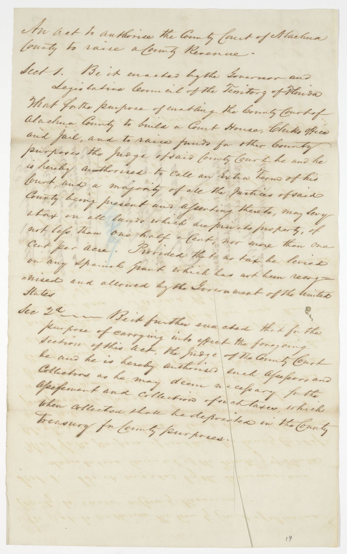 Draft of an Act to Authorize the County Court of Alachua County to Raise a County Revenue, 1843