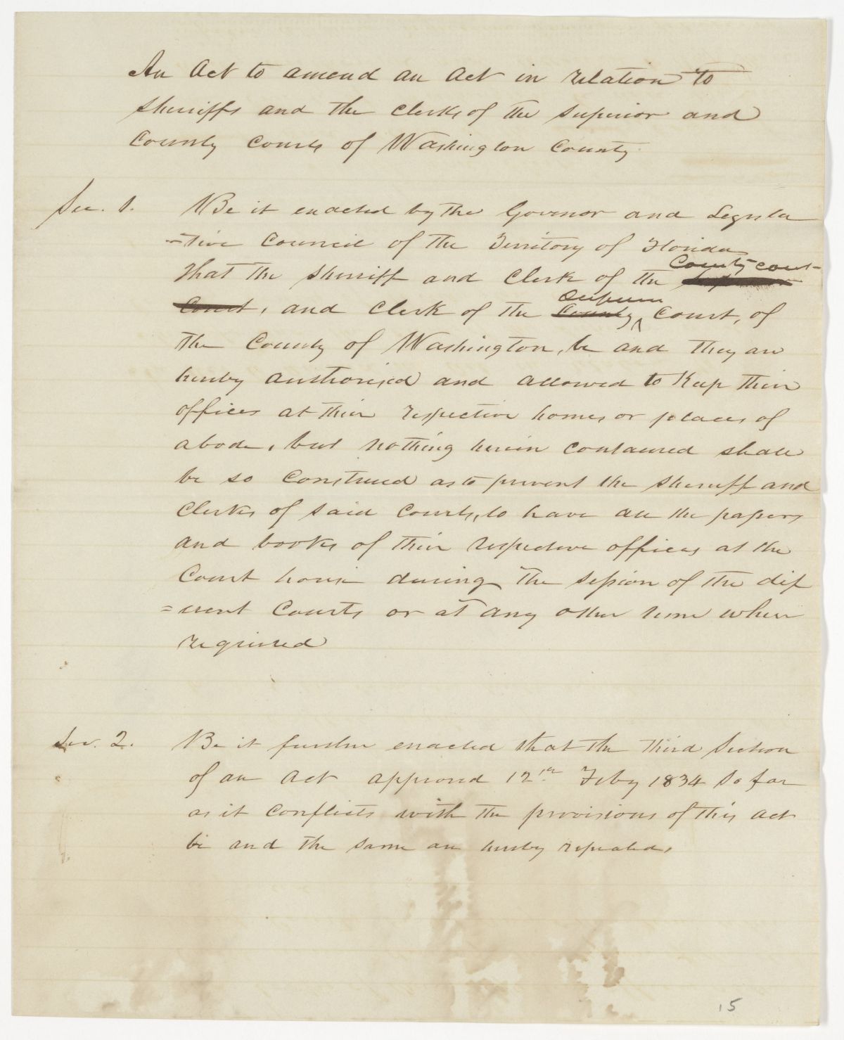 Draft of an Act to Amend an Act in Relation to Sheriffs and the Clerks of the Superior and County Courts of Washington County, 1843