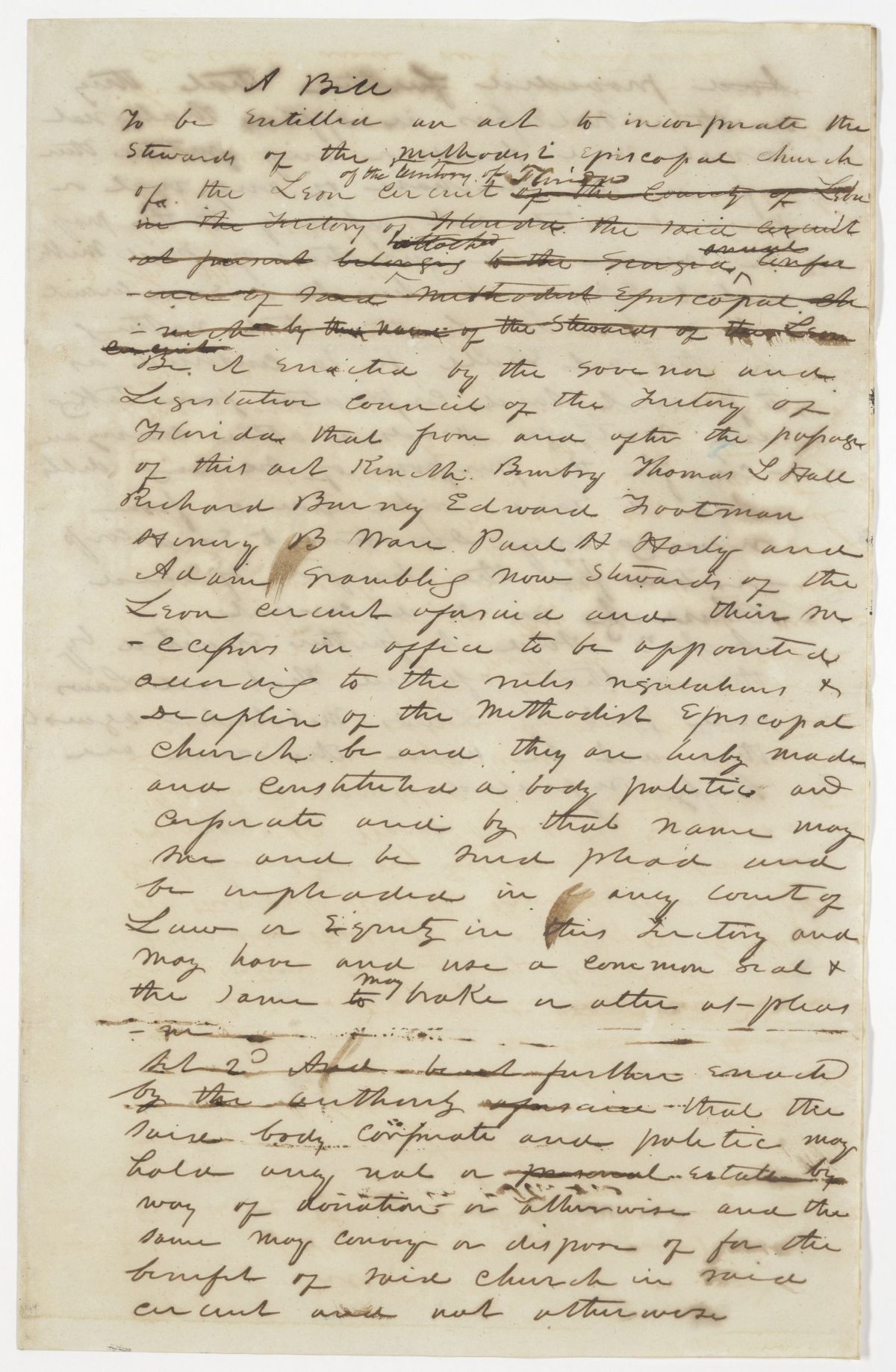 Draft of an Act to Incorporate the Stewards of the Methodist Episcopal Church of the Leon Circuit of the Territory of Florida, 1843