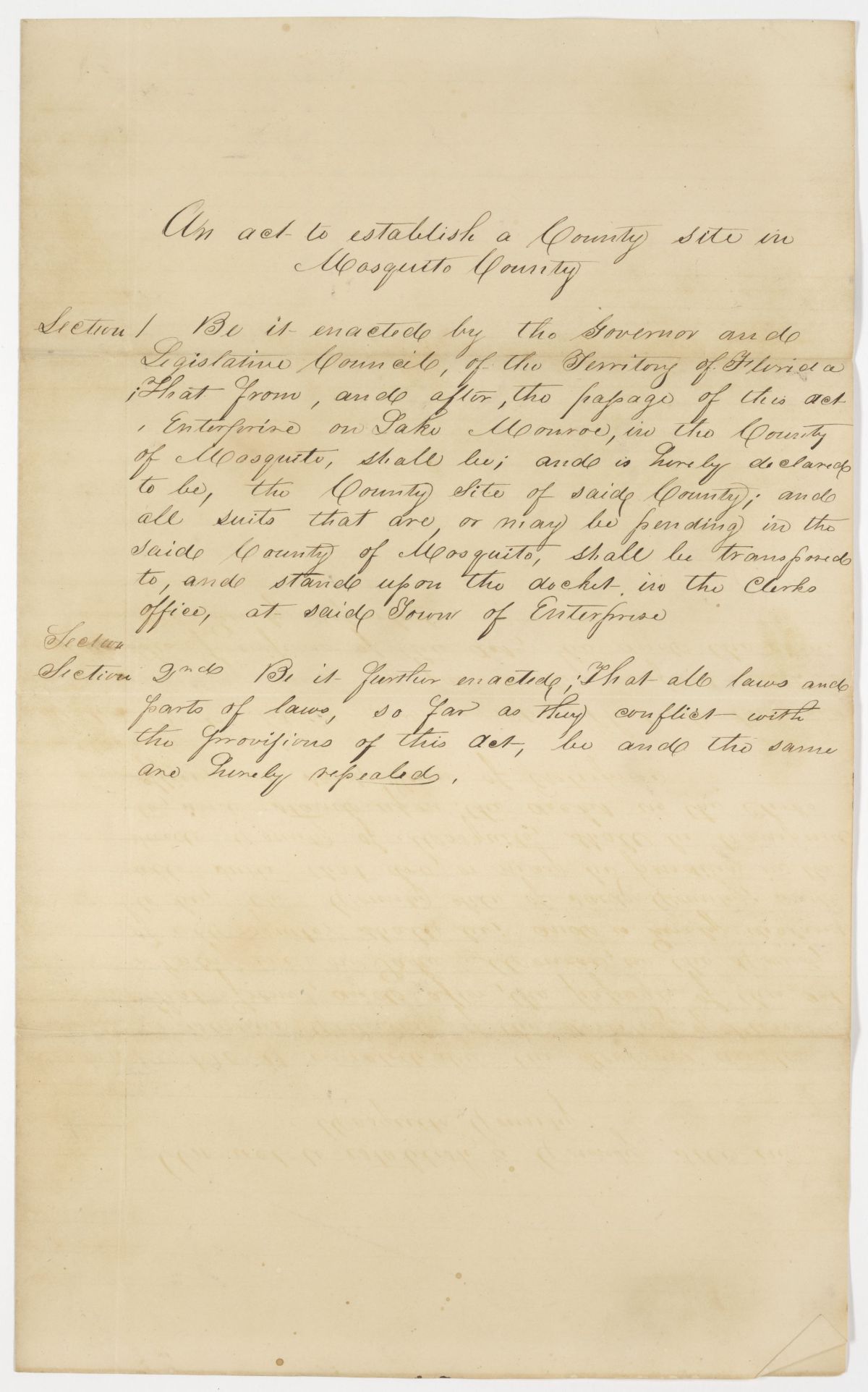 Draft of an Act to Establish a County Seat in Mosquito County, 1843