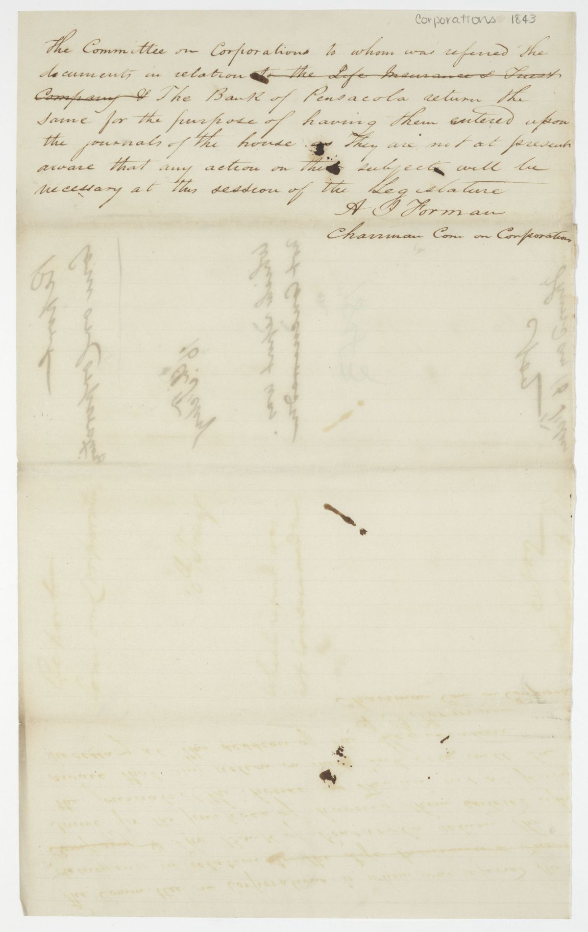 Report of the Committee on Corporations to Whom Was Referred the Documents in Relation to the Bank of Pensacola, circa 1843