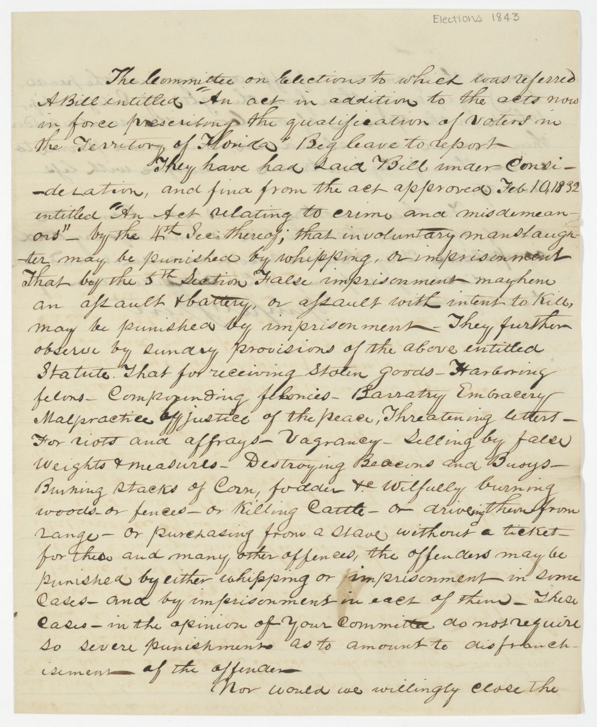 Report of the Committee on Elections Which Was Referred a Bill Concerning the Qualifications of Voters, 1843