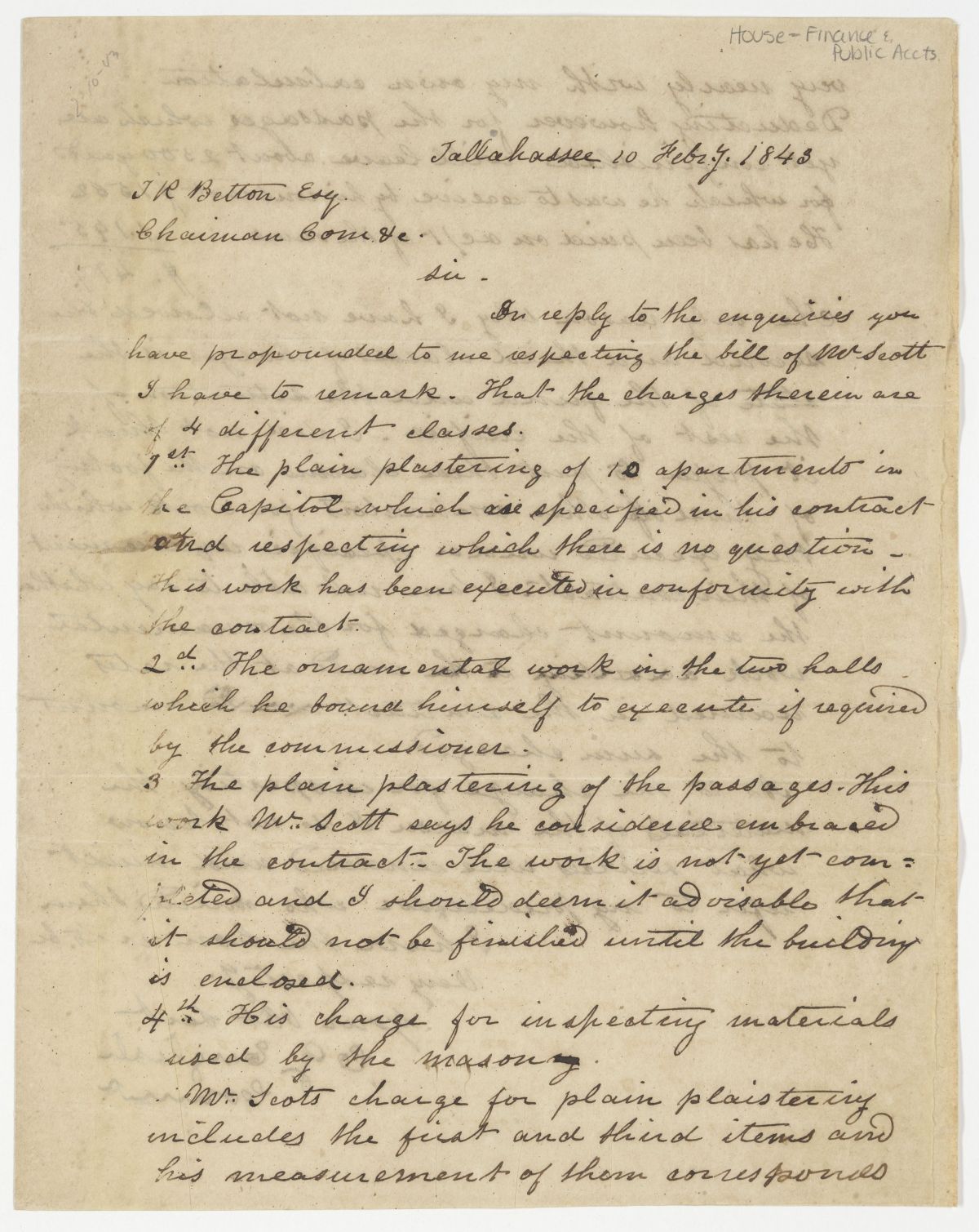 Letter from C. G. English to T. R. Betton Regarding Work Done on the Capitol, 1843