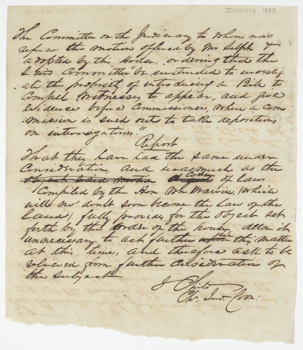 Report of the Committee on the Judiciary Concerning a Bill to Compel Witnesses to Appear, circa 1843