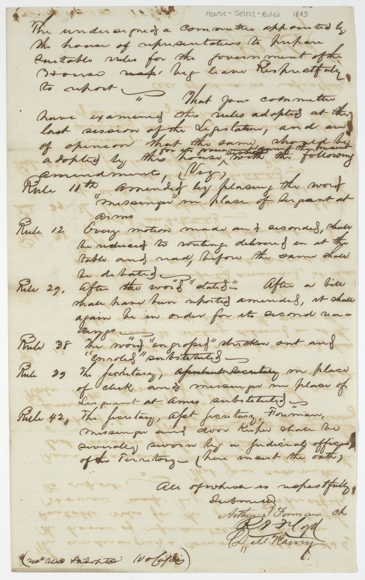 Report of the Committee upon Rules Appointed to Propose Suitable Rules for the Government of the House, circa 1843