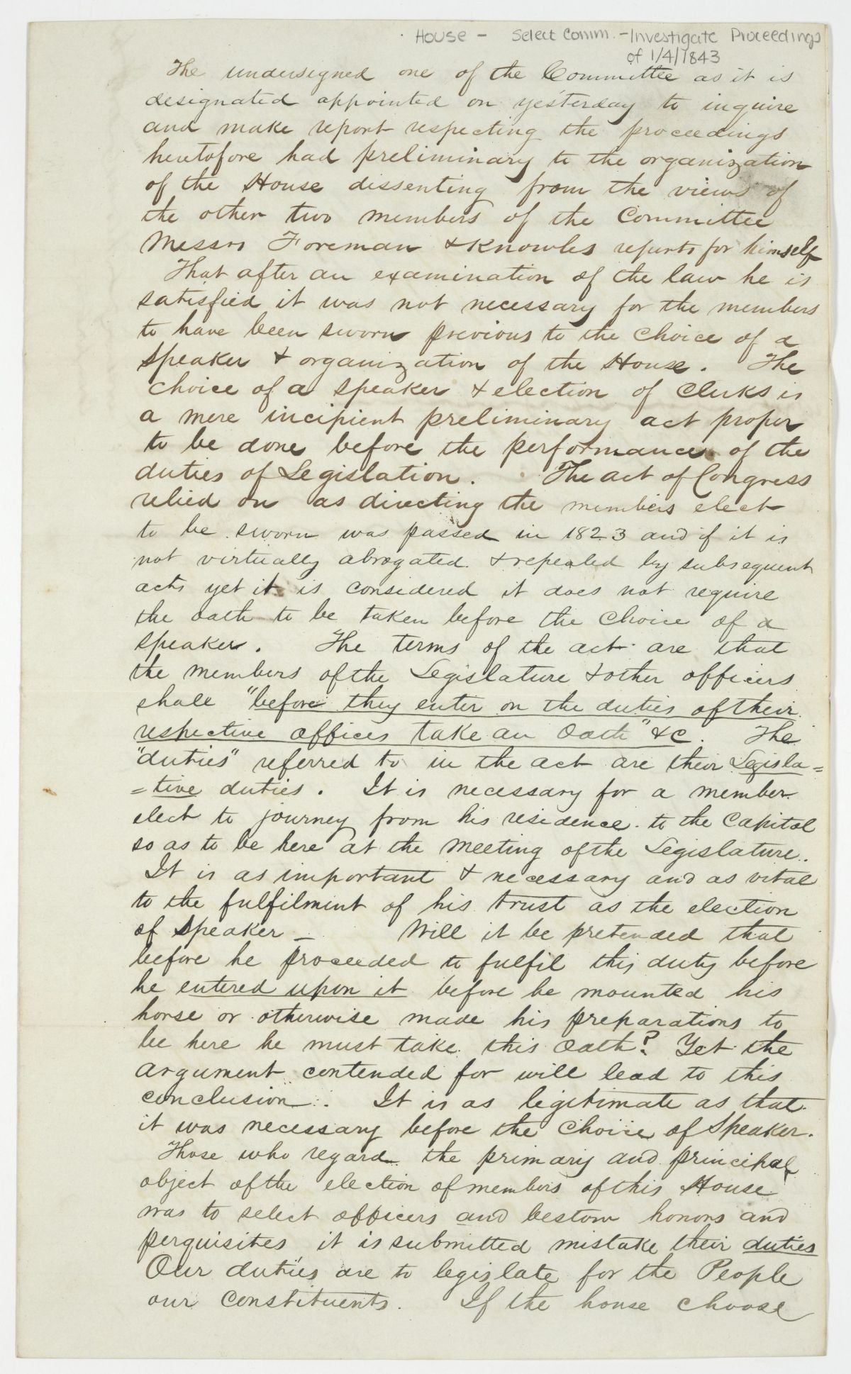 Minority Report of the Committee Appointed to Inquire into the Proceedings of the House, circa 1843