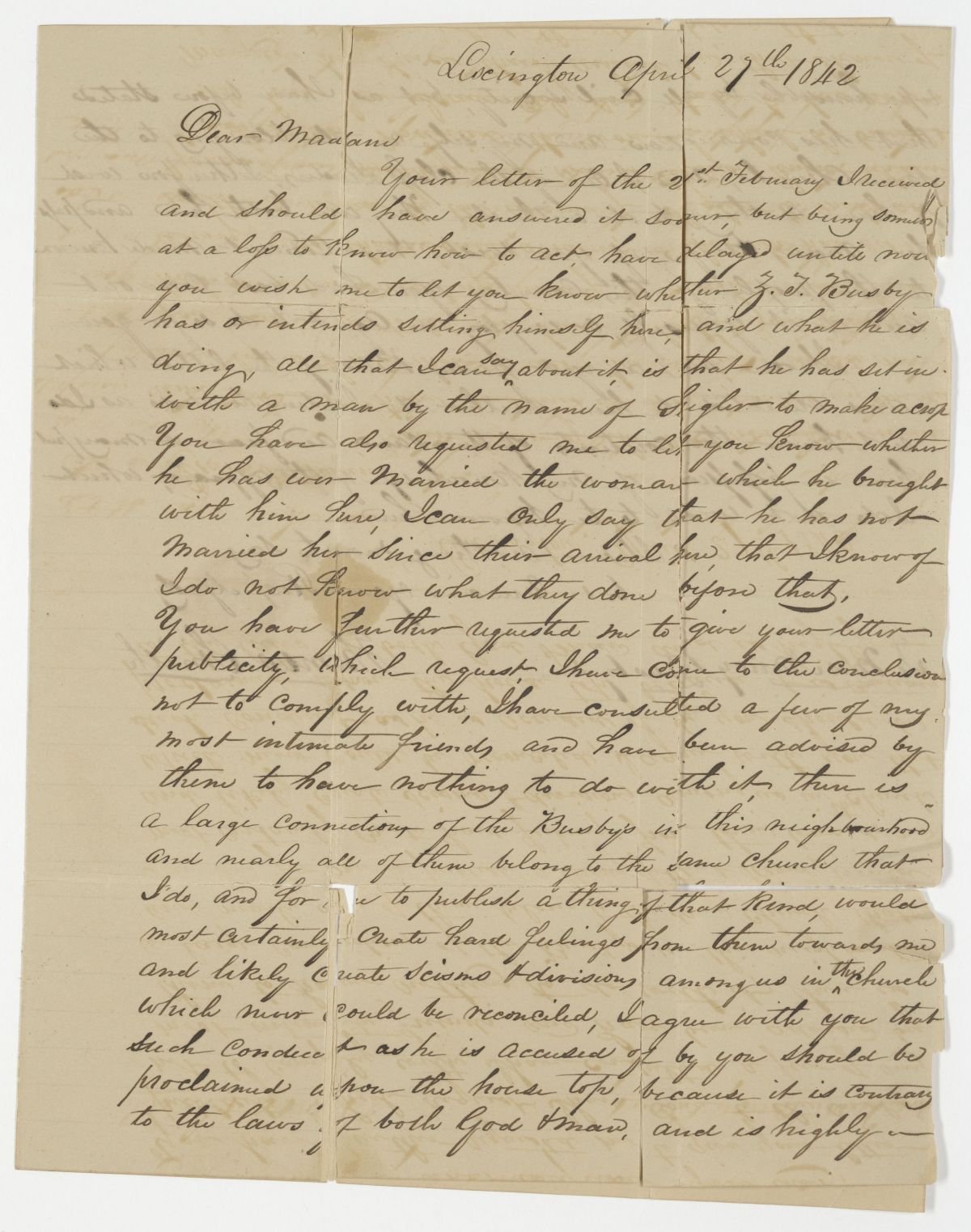 Two Letters From Thomas Smith to Nancy Busby Concerning an Affair, 1842