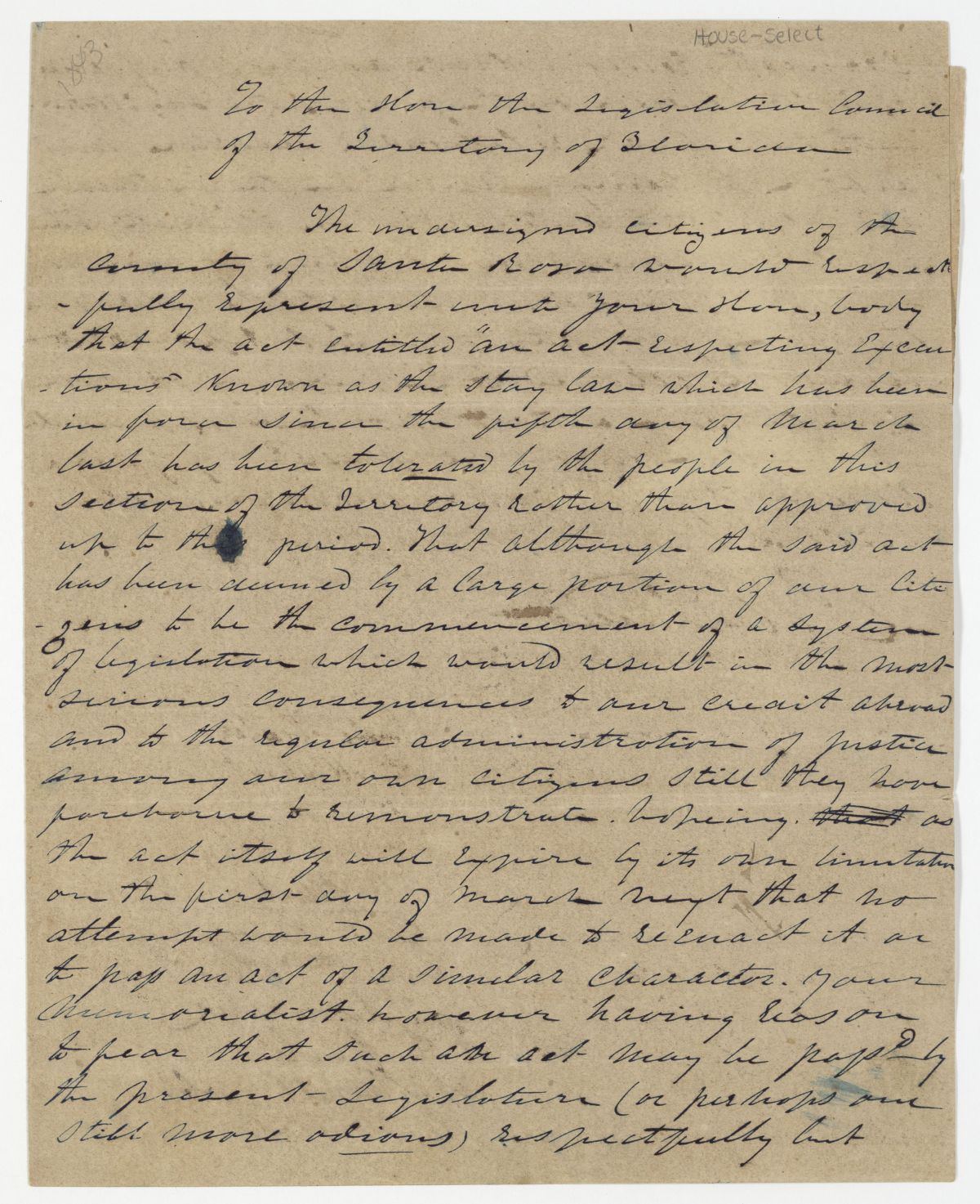 Petition of Citizens of Santa Rosa County Requesting that an Act Concerning Executions Be Allowed to Expire, circa 1843