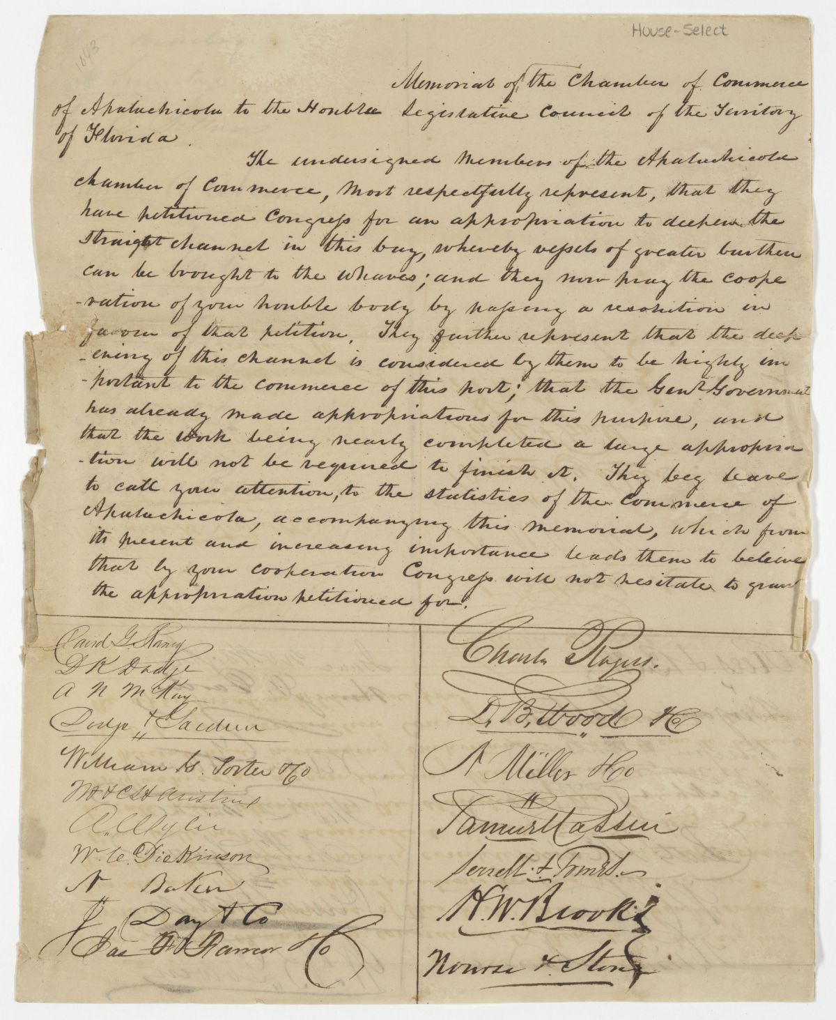 Petition of the Chamber of Commerce of Apalachicola Regarding Deepening the Channel in Apalachicola Bay, circa 1843