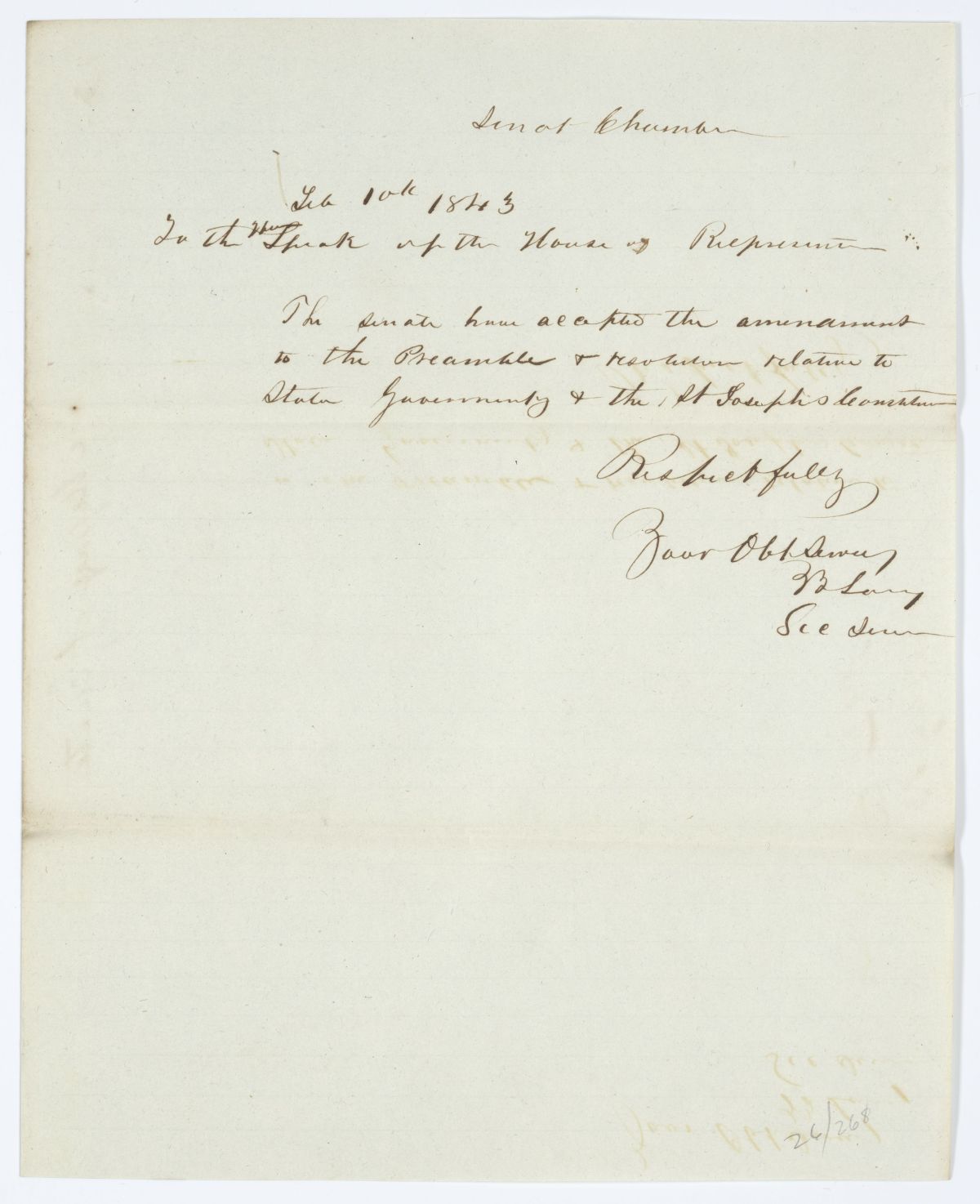 Message from the Senate to the House of Representatives Regarding an Amendment to a Resolution, 1843