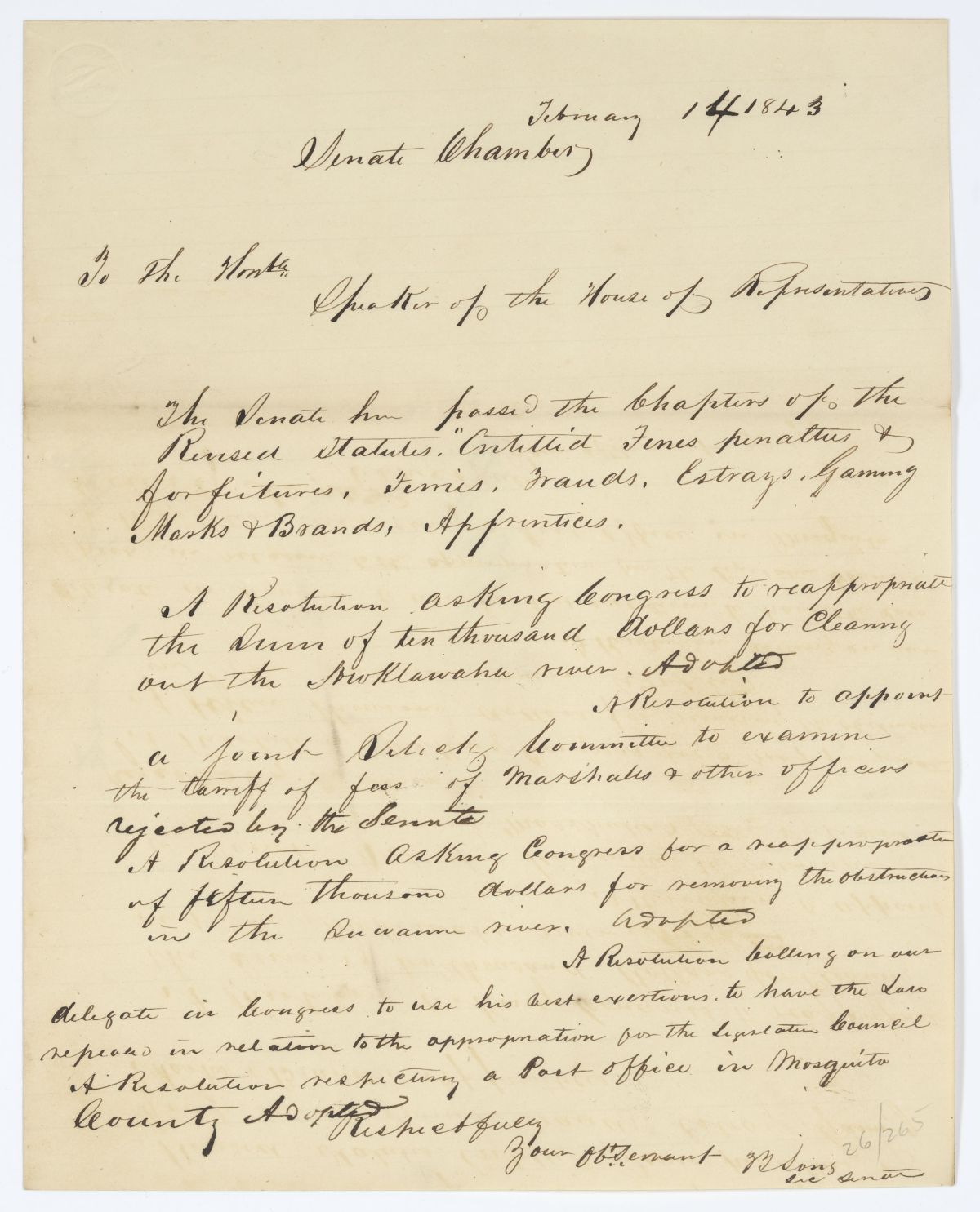 Message from the Senate to the House of Representatives Concerning Resolutions and the Revised Statutes, 1843