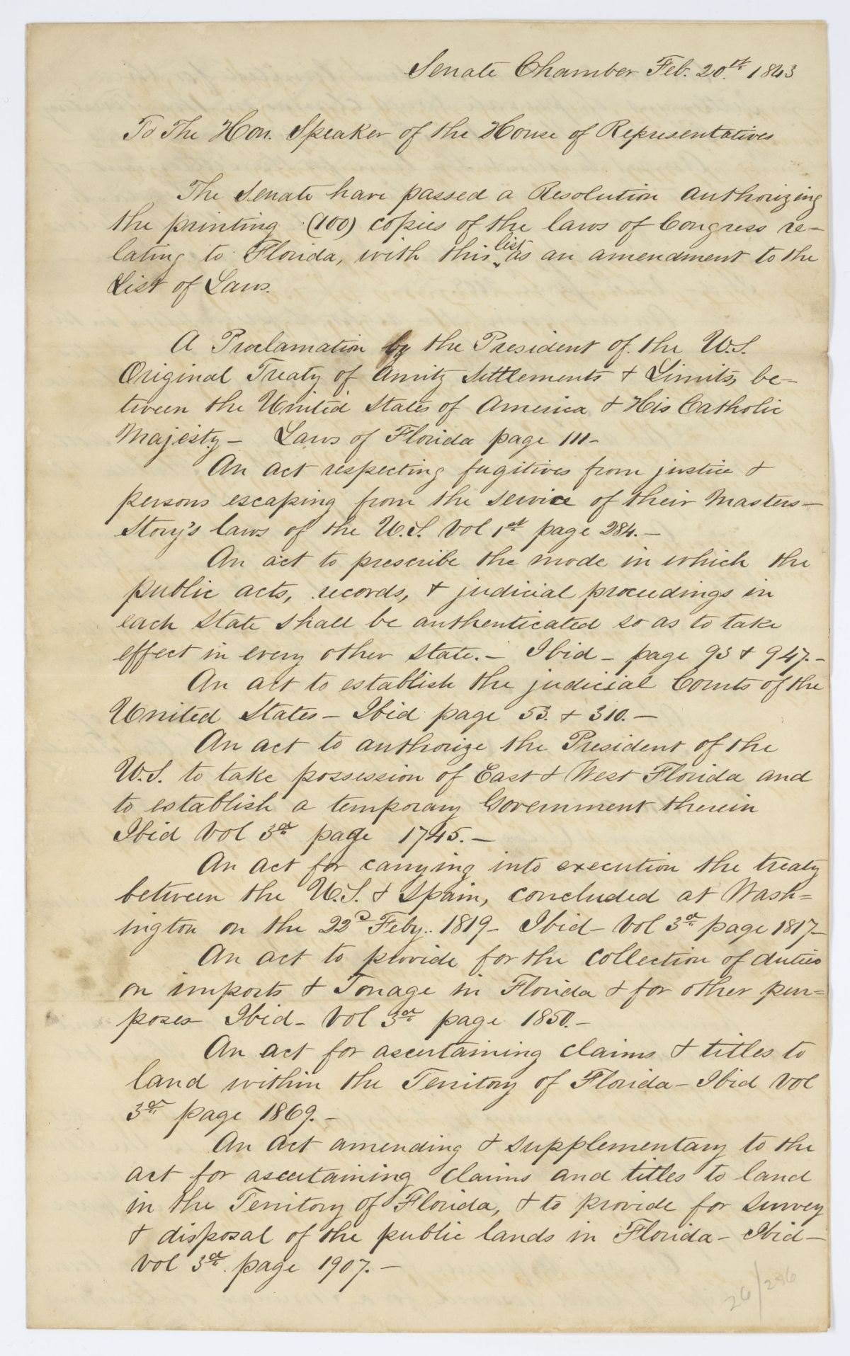 Message from the Senate to the House Concerning a Resolution Authorizing the Printing of the Laws of Congress Relating to Florida, 1843