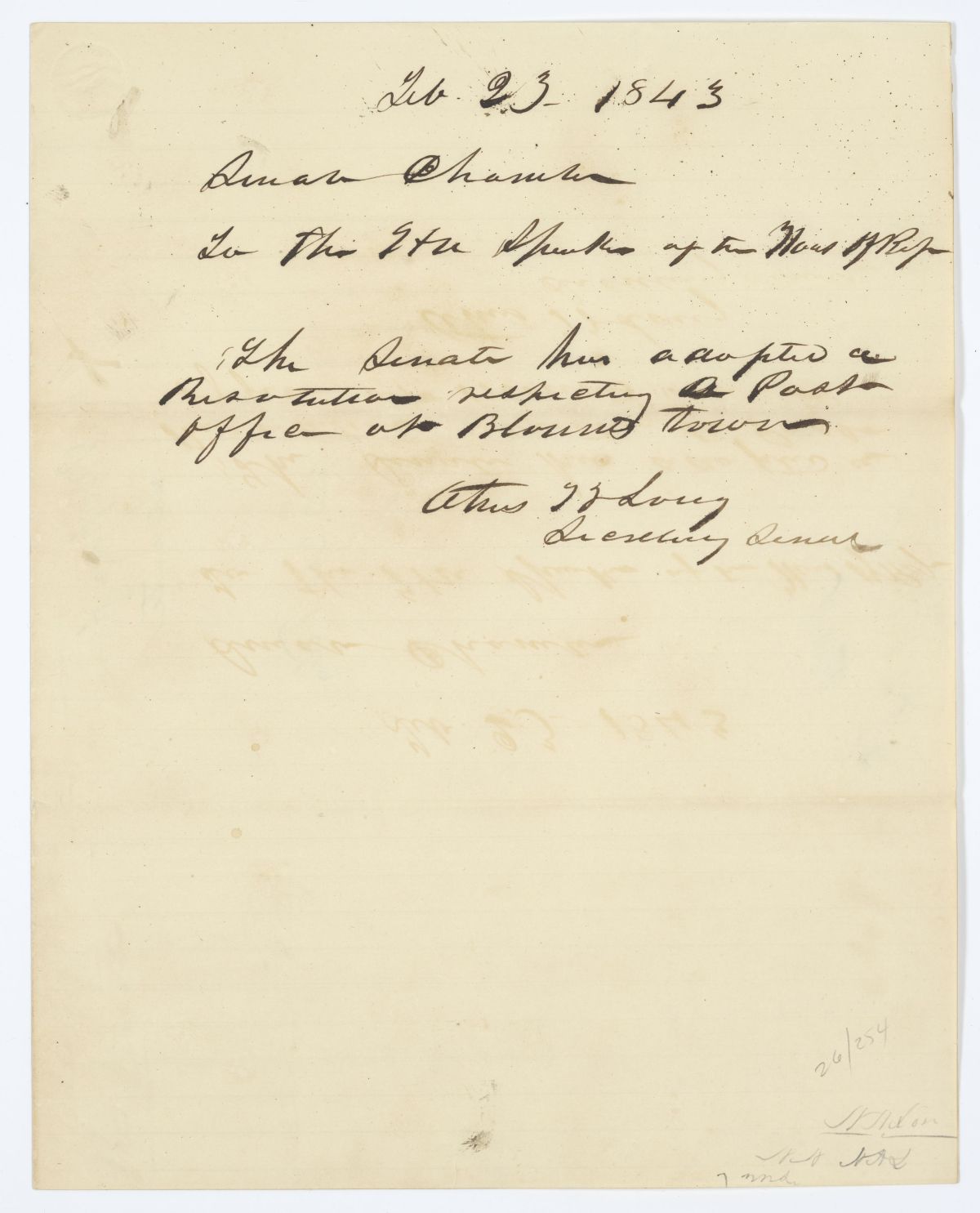 Message from the Senate to the House of Representatives Concerning a Post Office in Blountstown, 1843