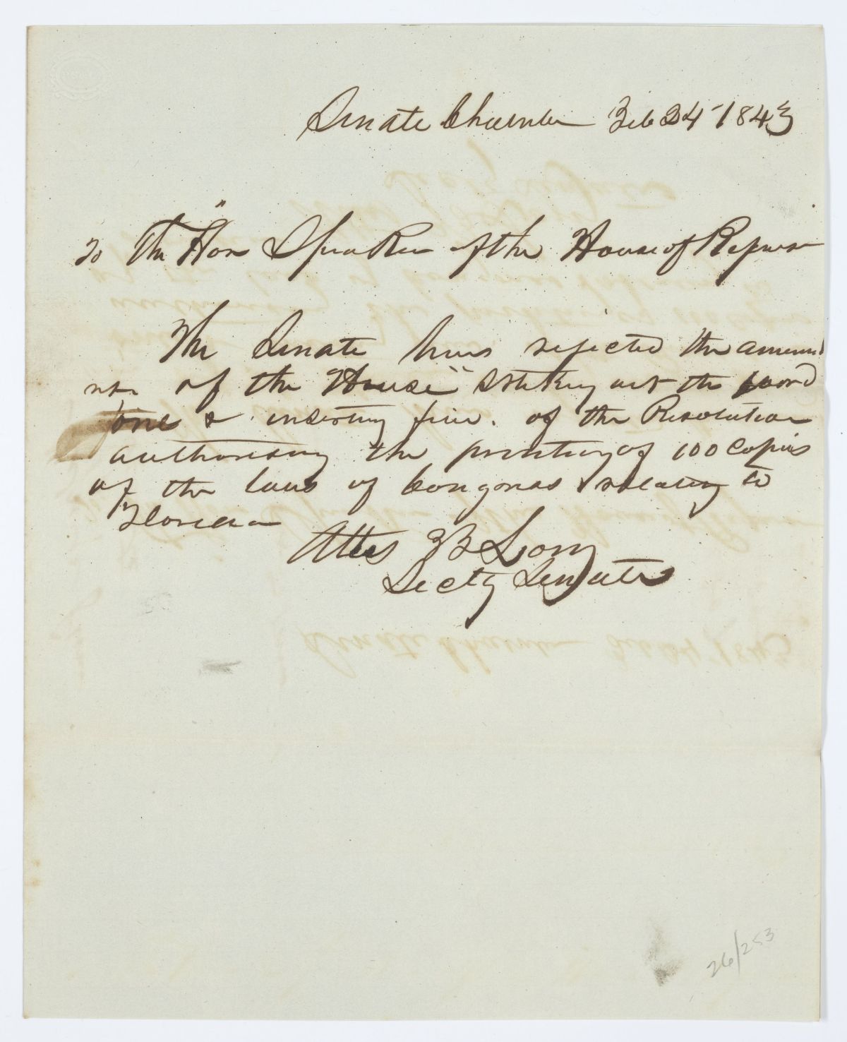 Message from the Senate to the House Concerning a Resolution Authorizing the Printing of the Laws of Congress Relating to Florida, 1843