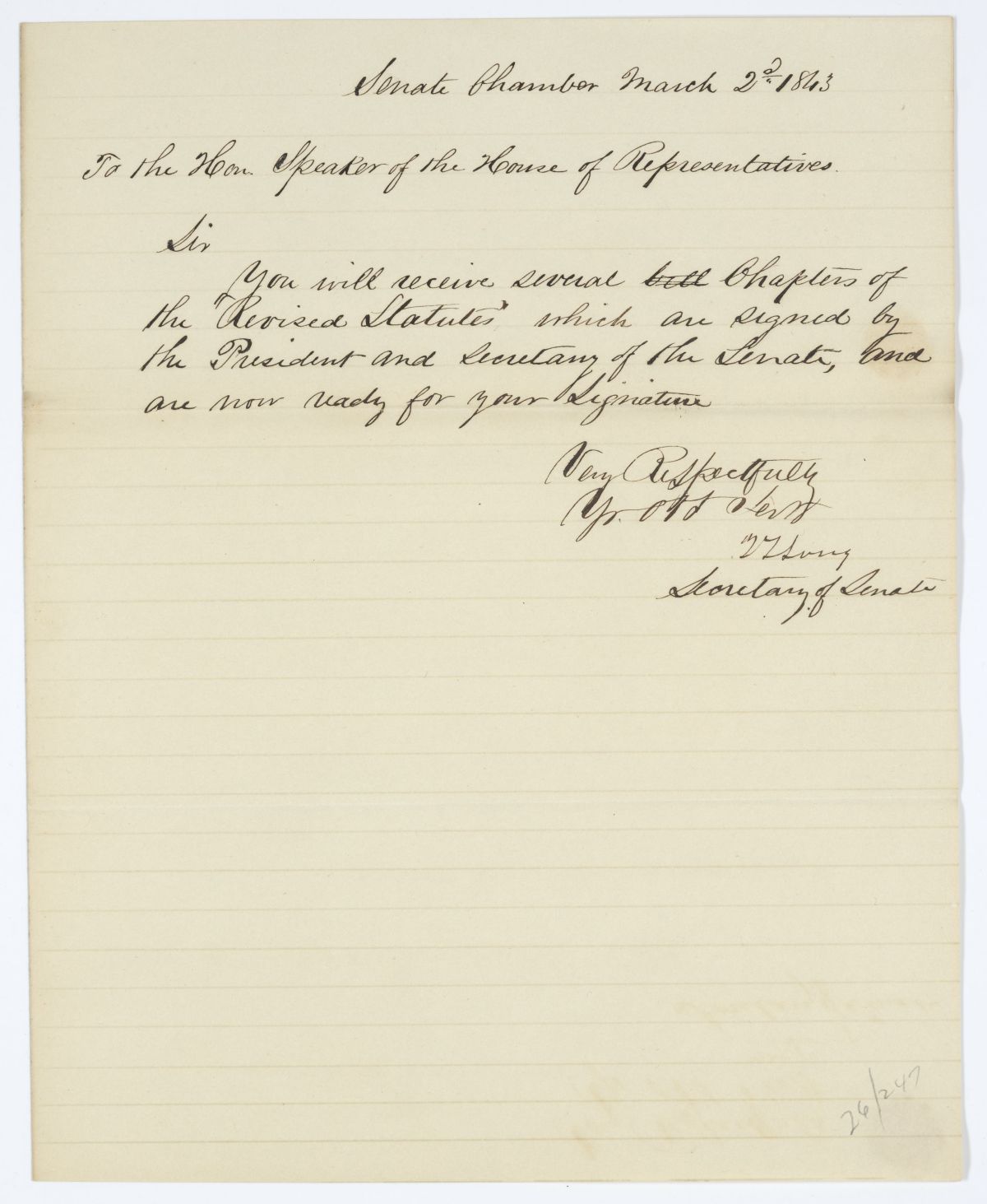 Message from the Senate to the House of Representatives Concerning the Revised Statutes, 1843