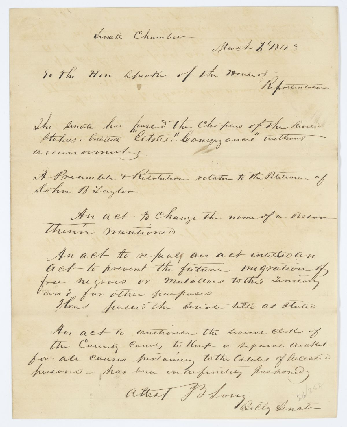 Message from the Senate to the House of Representatives Concerning Legislation, Resolutions and the Revised Statutes, 1843