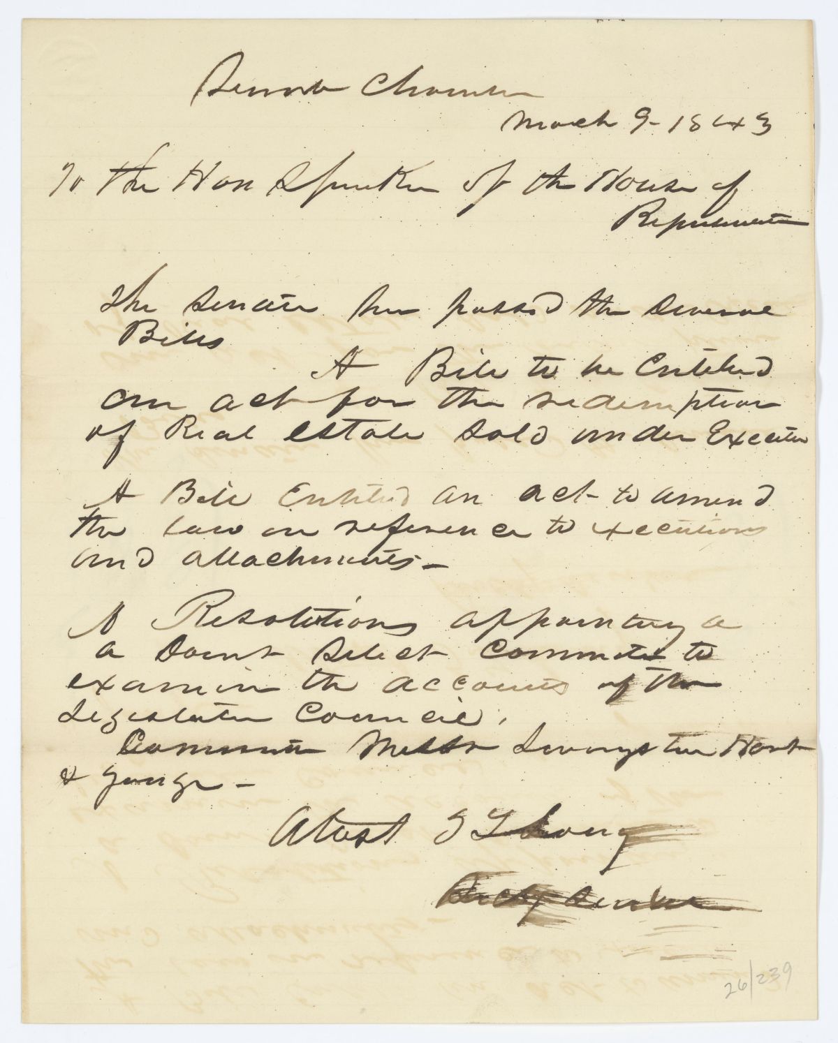 Message from the Senate to the House of Representatives Concerning Legislation and a Resolution, 1843