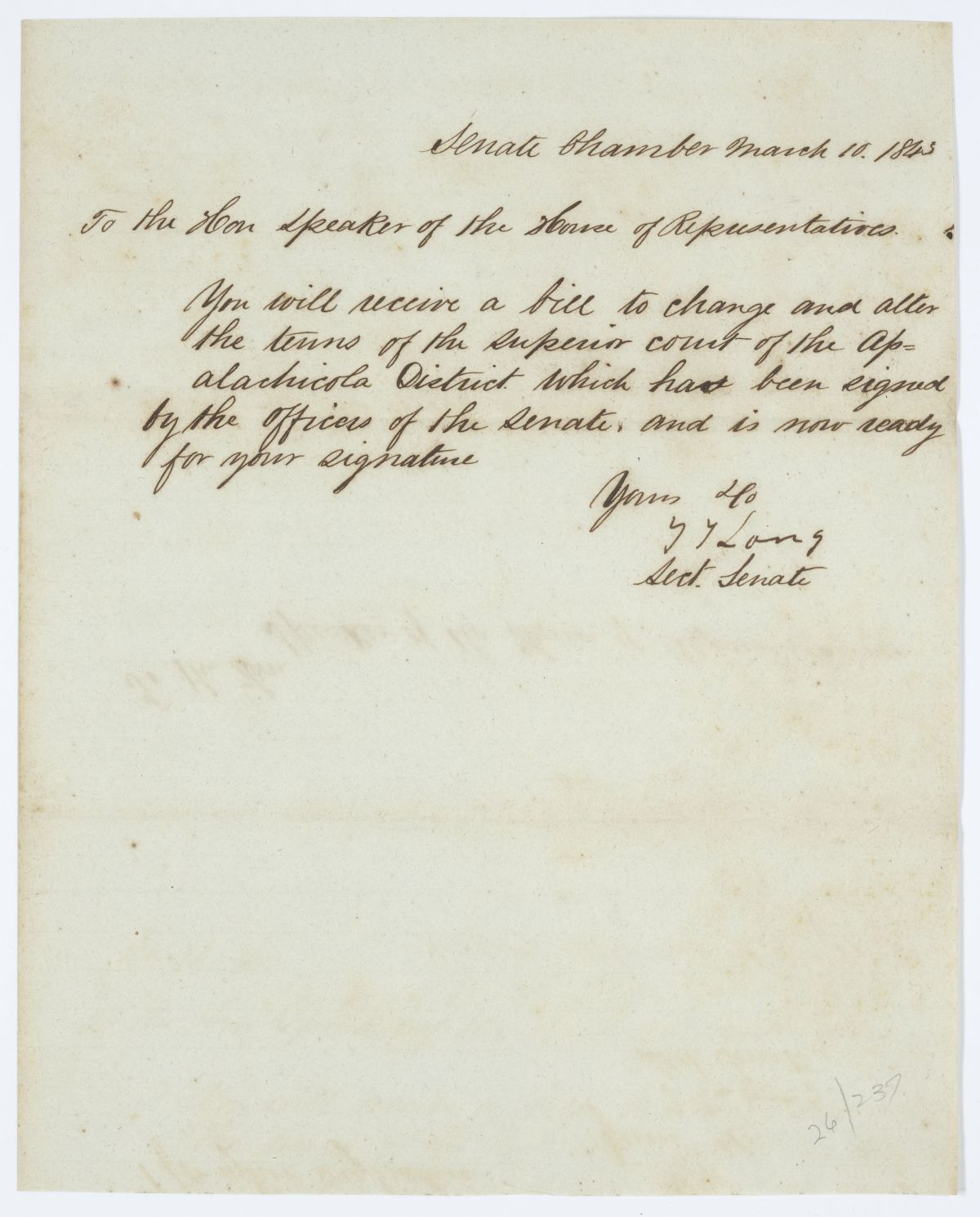 Message from the Senate to the House of Representatives Concerning the Superior Court of the Apalachicola District, 1843