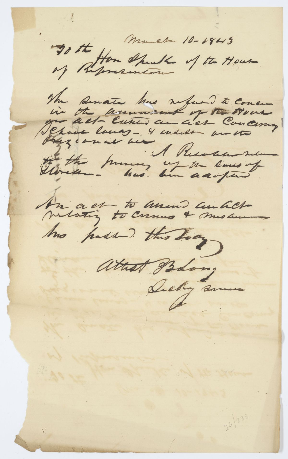 Message from the Senate to the House of Representatives Concerning Legislation and a Resolution, 1843