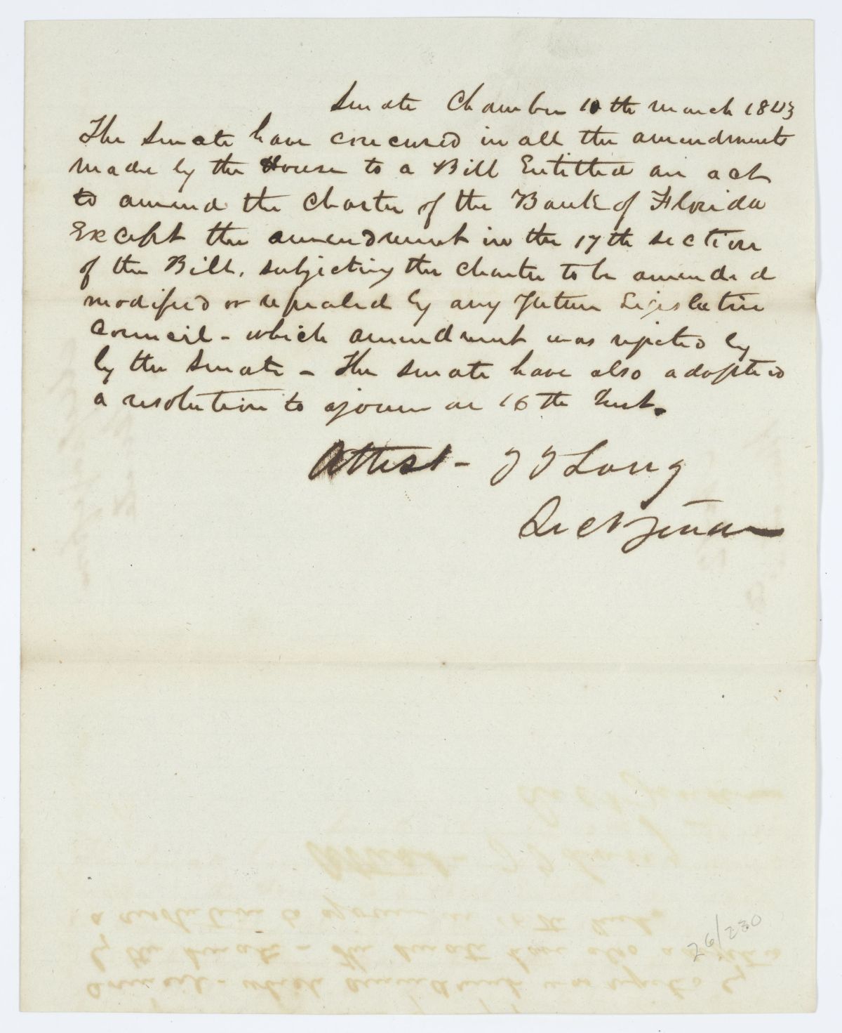 Message from the Senate Concerning an Amendment to a Bill Regarding the Bank of Florida, 1843