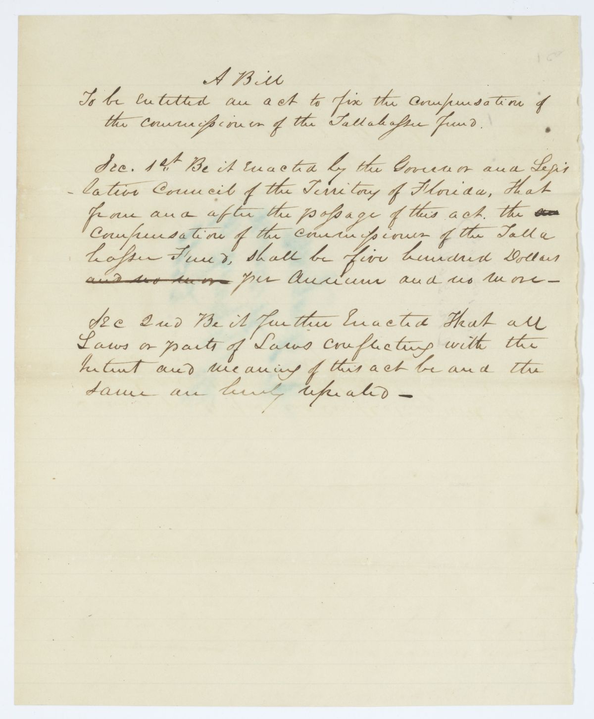 Draft of an Act to Fix the Compensation of the Commissioner of the Tallahassee Fund, circa 1843