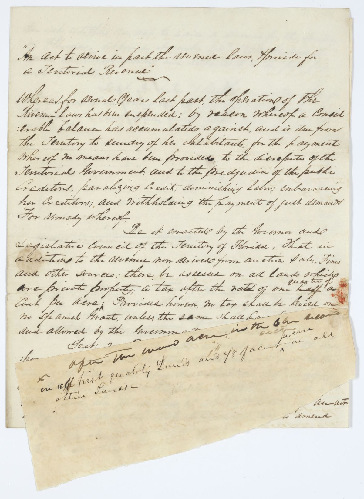 Draft of an Act to Revive in Part the Revenue Laws and Provide for a Territorial Revenue, 1843