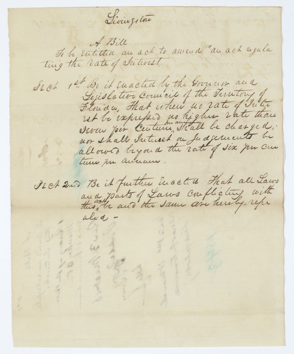 Draft of an Act to Amend an Act Regulating the Rate of Interest, circa 1843