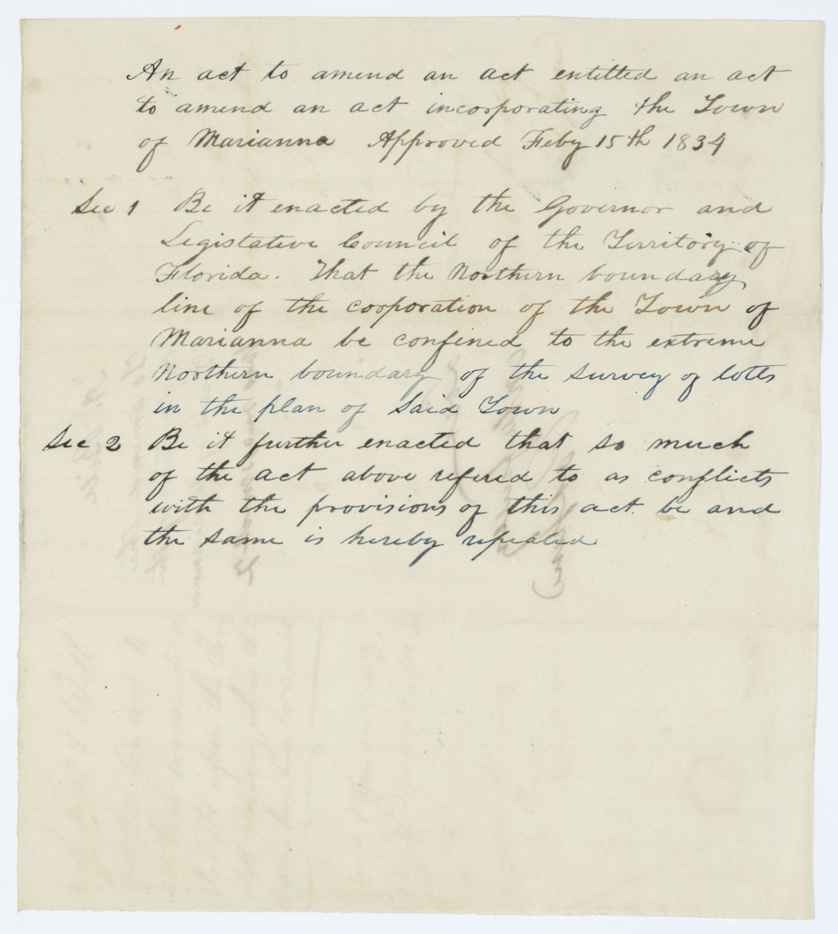 Draft of an Act to Amend an Act Incorporating the Town of Marianna, circa 1843