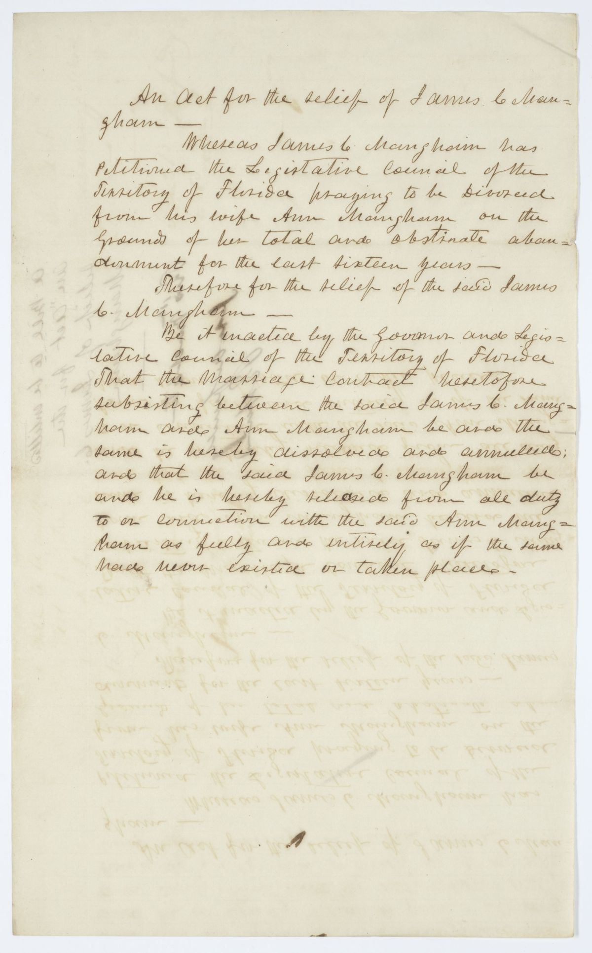 Draft of an Act for the Relief of James C. Mangham, circa 1843