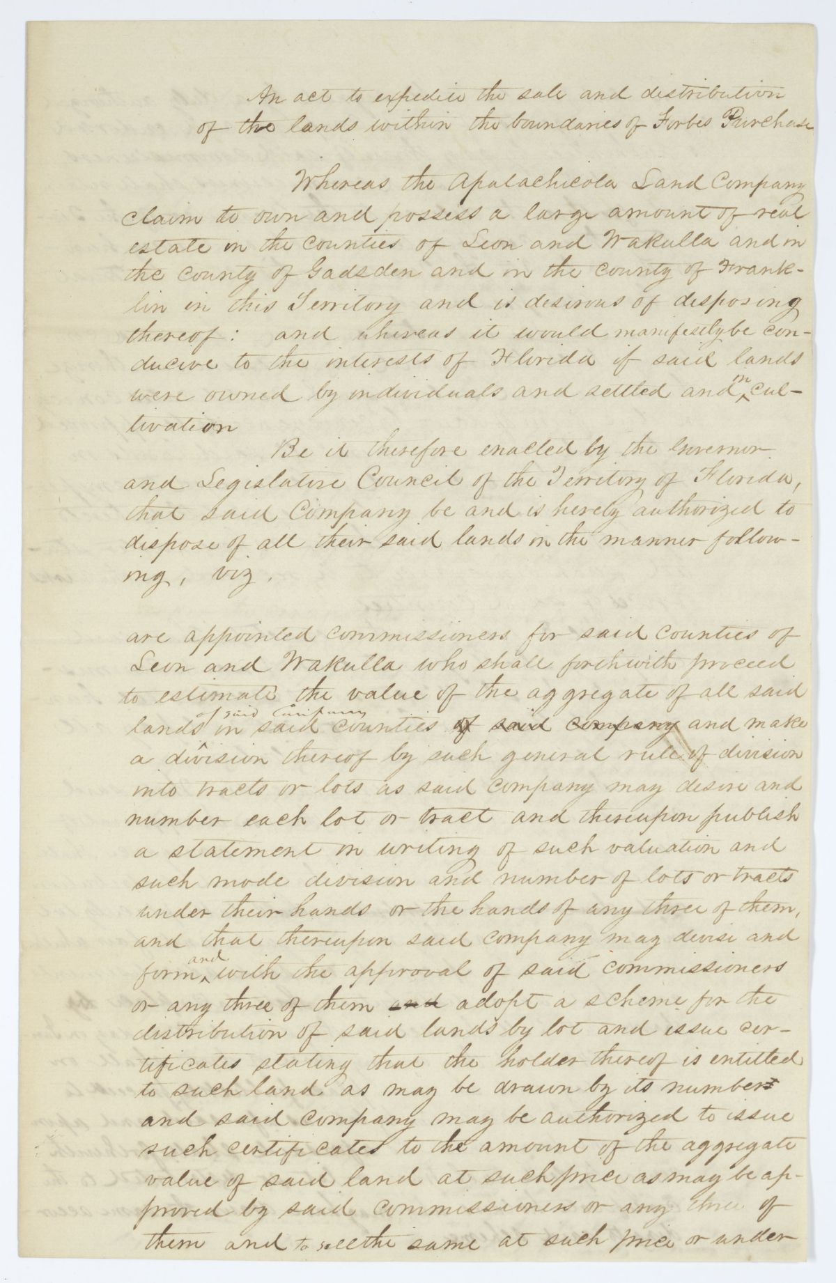 Draft of an Act to Expedite the Sale and Distribution of the Lands Within the Boundaries of the Forbes Purchase, 1843