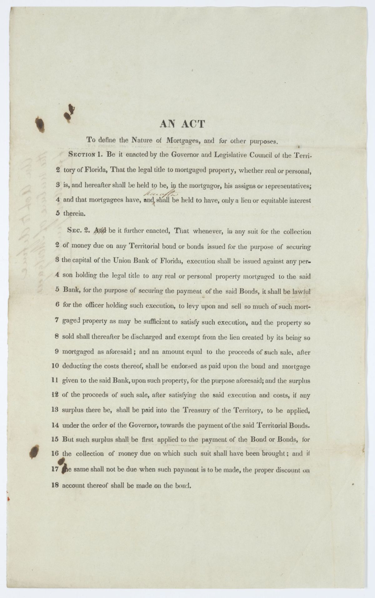 Draft of an Act to Define the Nature of Mortgages and for Other Purposes, circa 1843