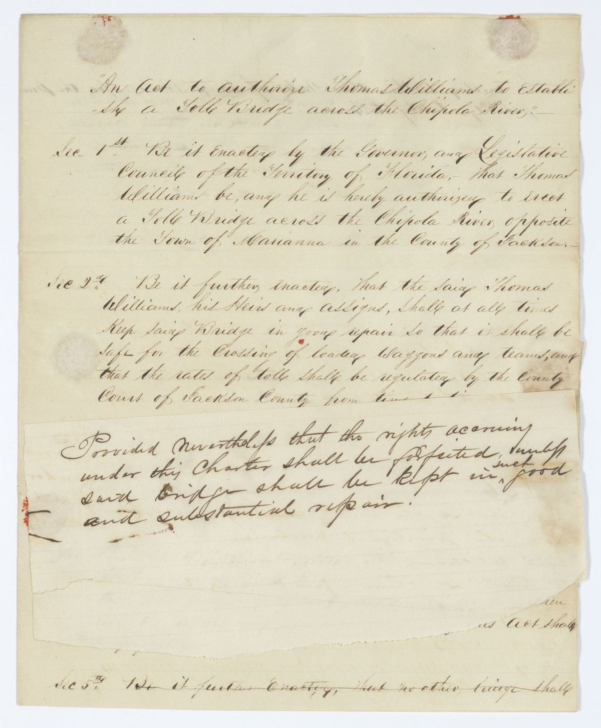 Draft of an Act to Authorize Thomas Williams to Establish a Toll Bridge Across the Chipola River, 1843