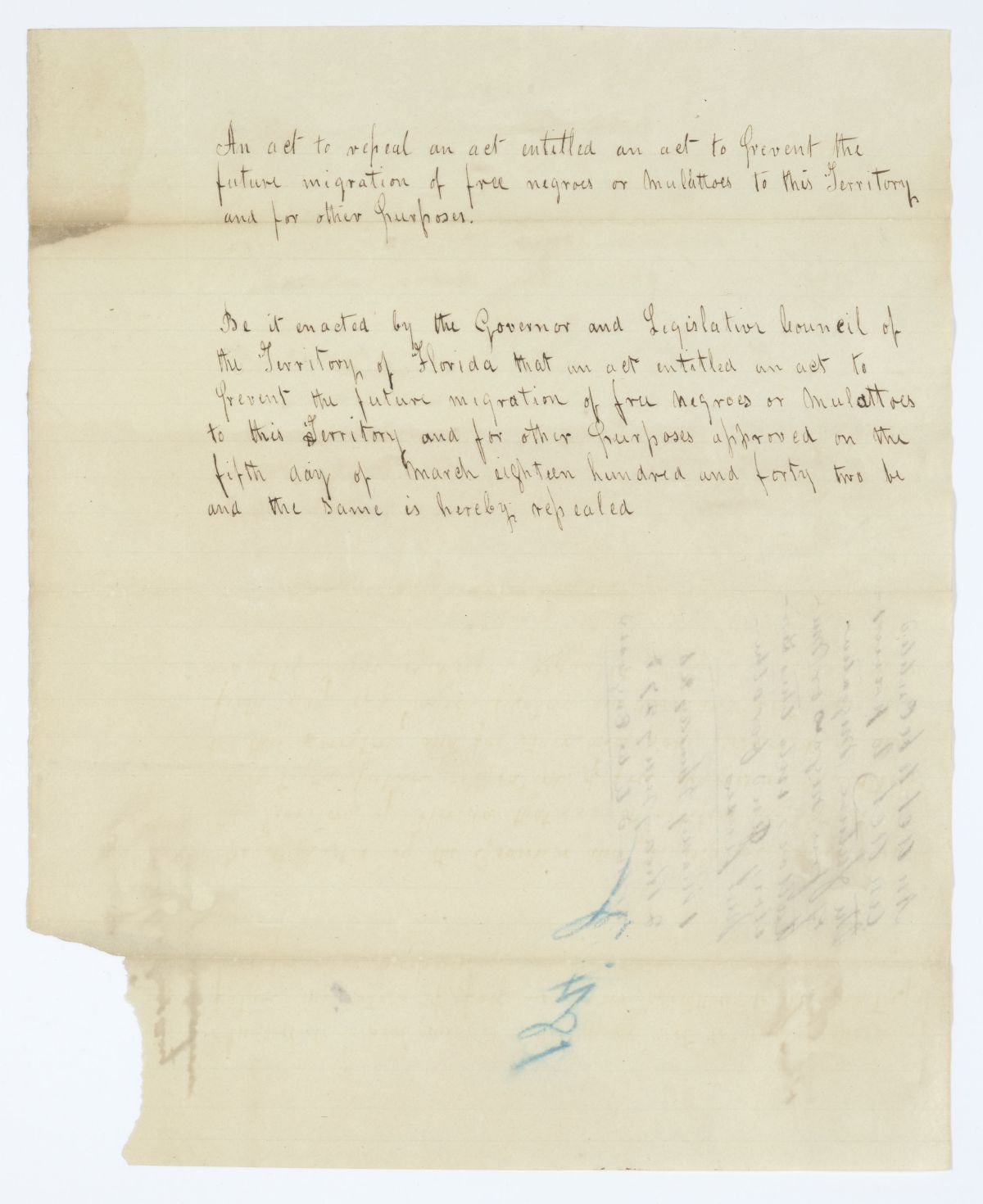 Draft of an Act to Repeal an Act to Prevent the Future Migration of Free Persons of Color to this Territory, 1843