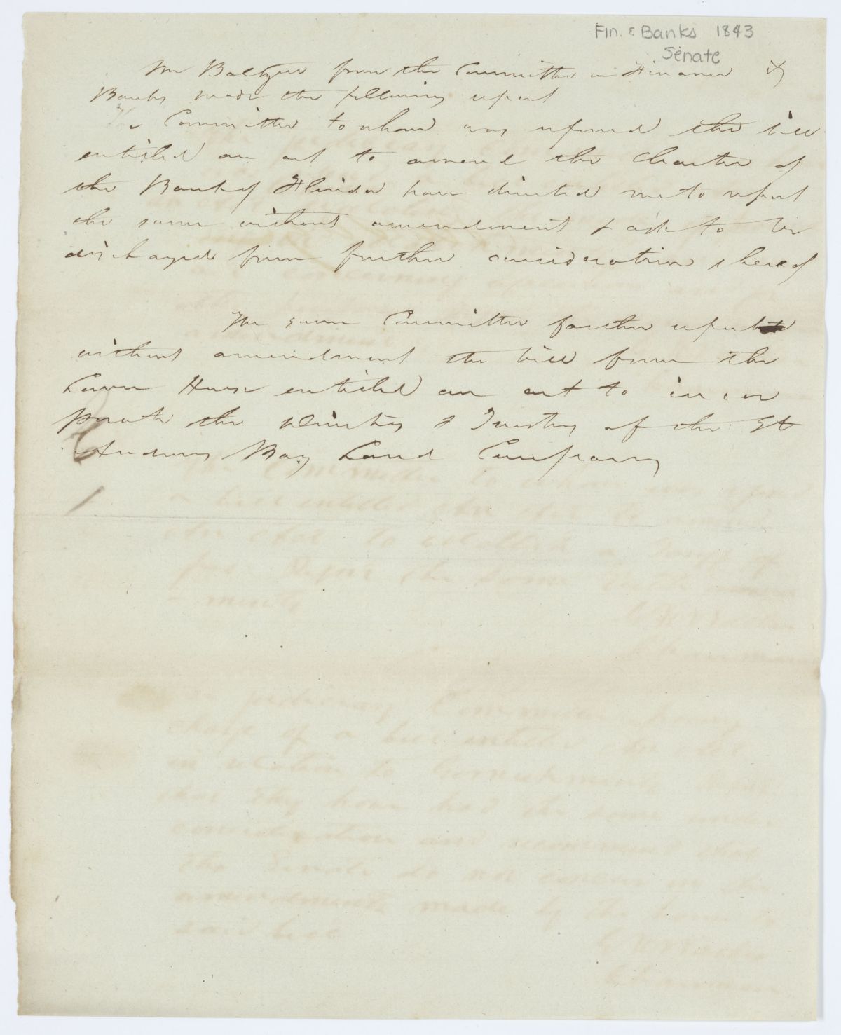 Report of the Committee on Finance and Banks Reporting Two Bills Without Amendments, circa 1843