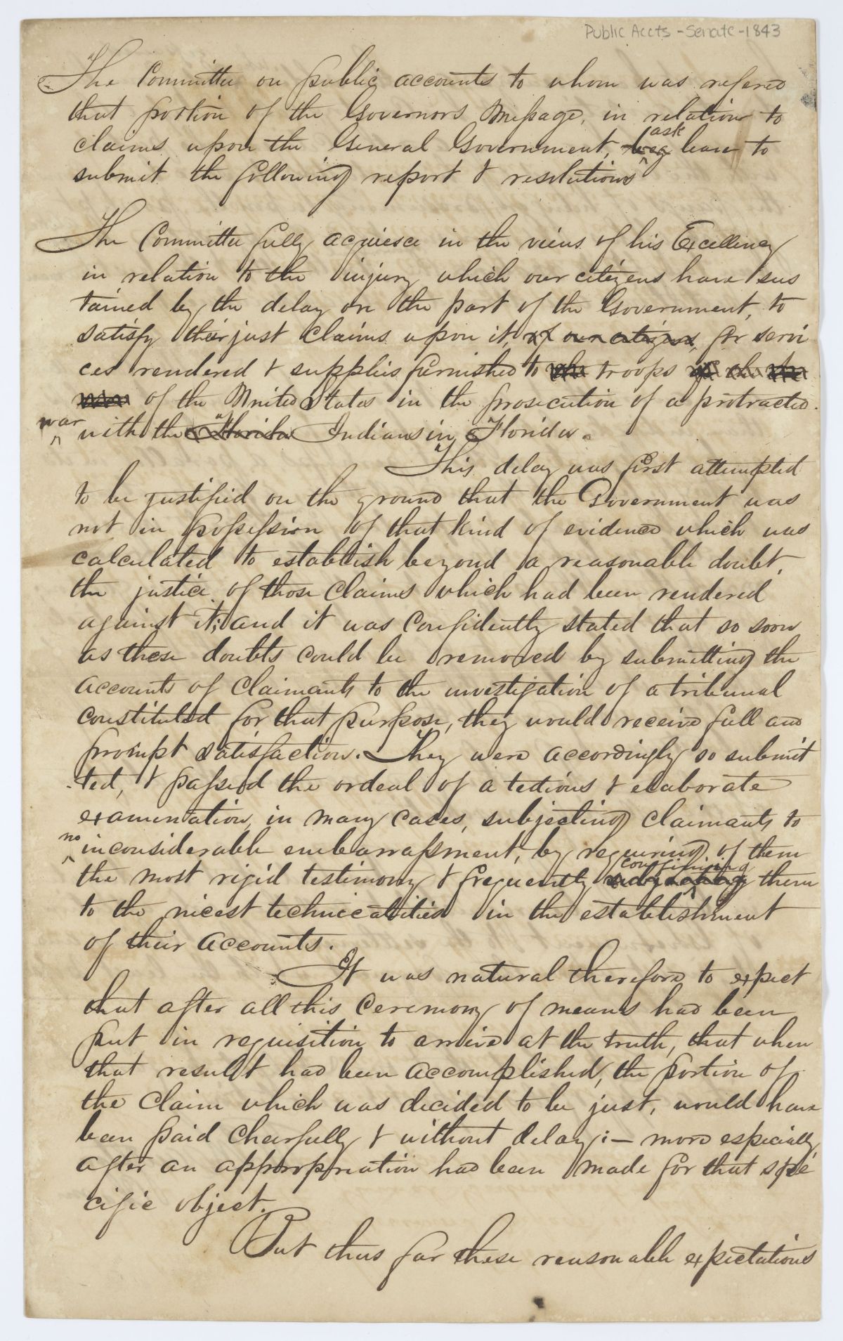 Report of the Committee on Public Accounts Concerning the Governor's Message and Indian War Claims, 1843