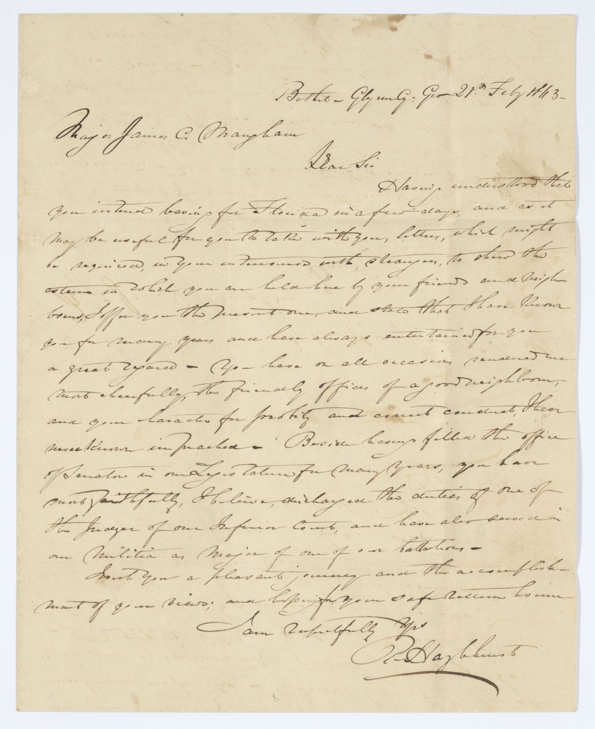 Letter from R. Hazlehurst to James C. Mangham, 1843