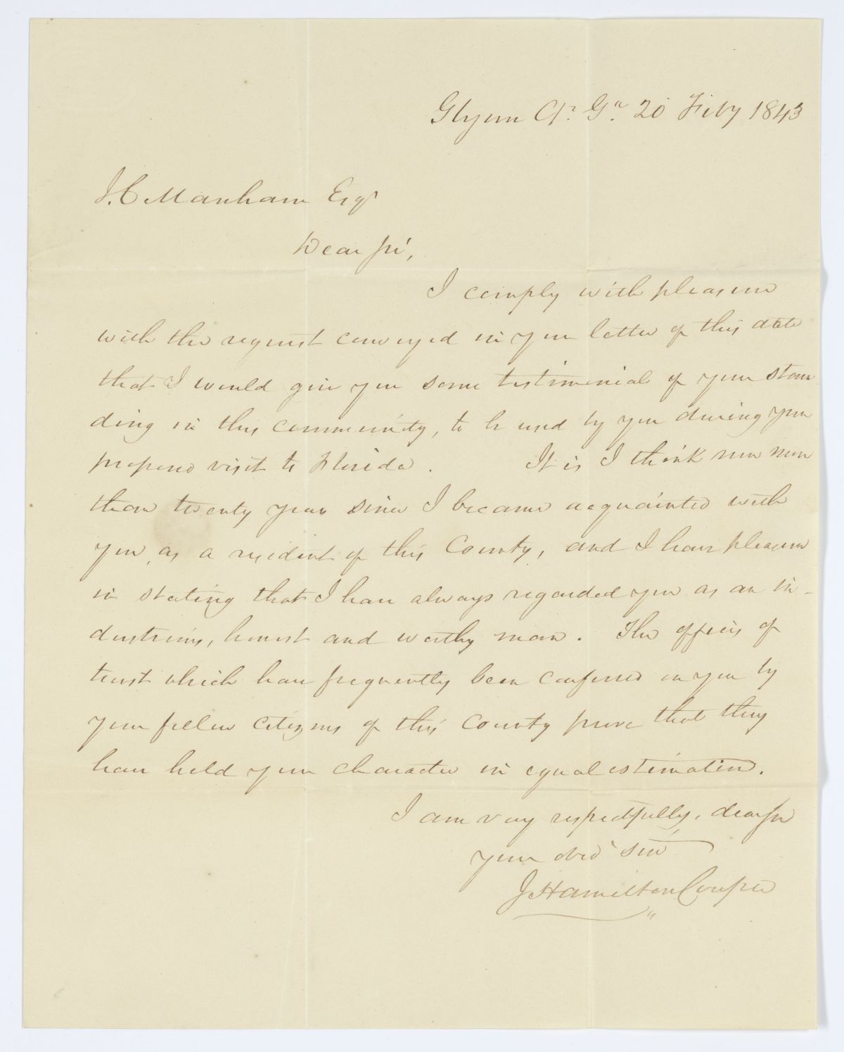 Letter from J. Hamilton Cooper to James C. Mangham, 1843