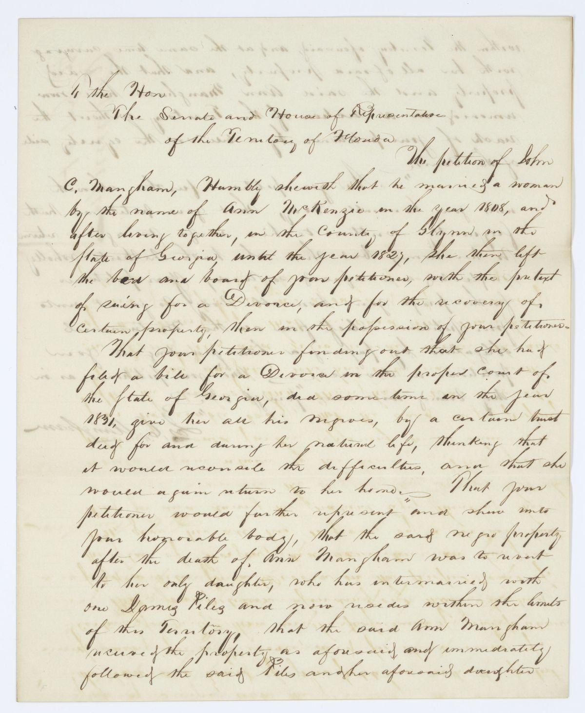 Divorce Petition of James C. Mangham, circa 1843