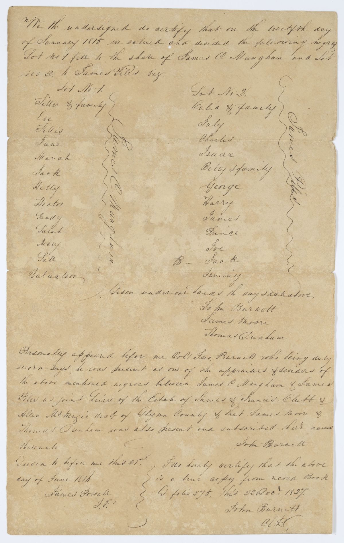 Certified Copy of an Affidavit Attesting to the Conveyance of Certain Enslaved Persons, 1827