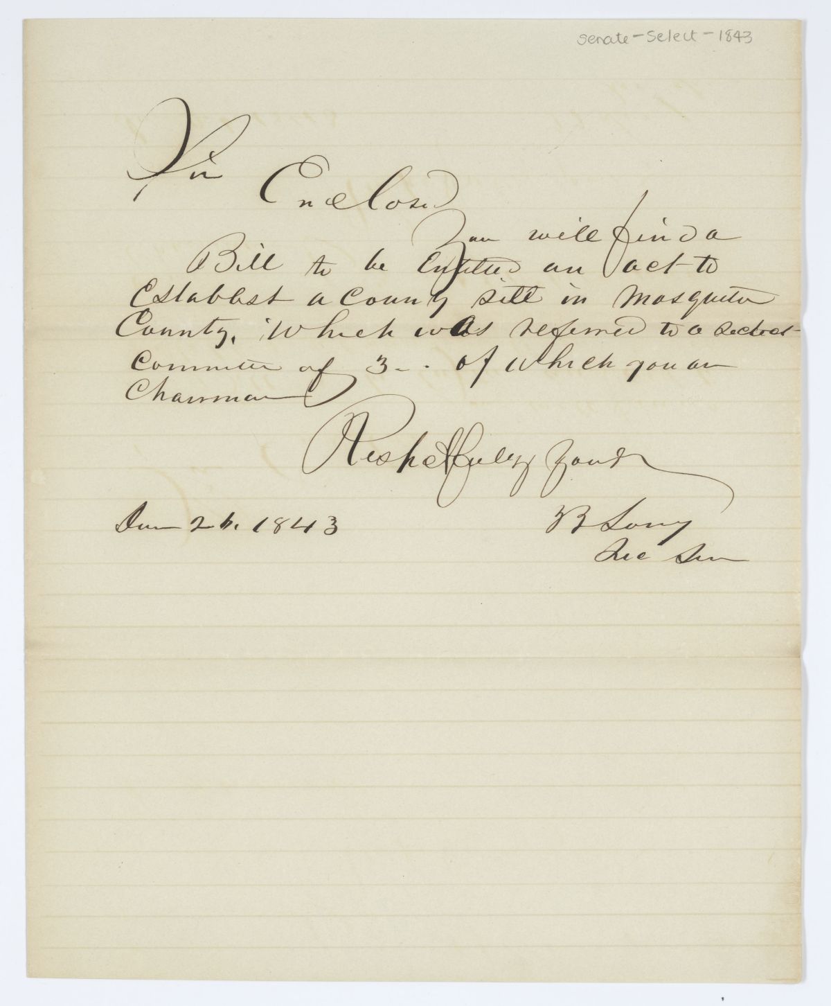 Letter from T. T. Long Regarding a Bill to Establish a County Seat in Mosquito County, 1843