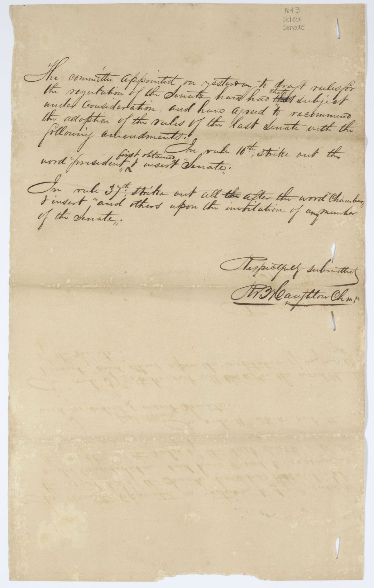 Report of the Committee Appointed to Draft Rules for the Regulation of the Senate, circa 1843