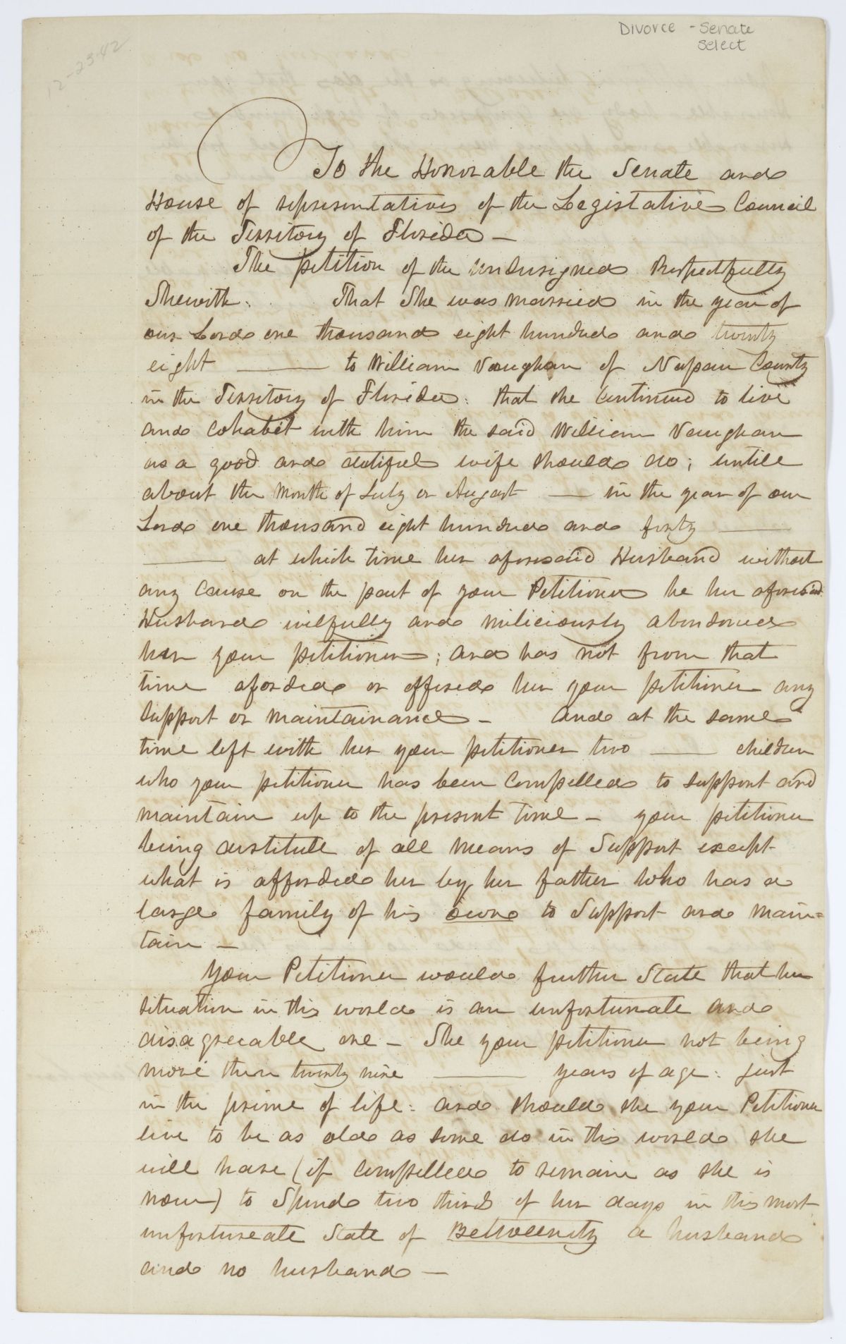 Divorce Petition of Eliza Vaughan, 1842